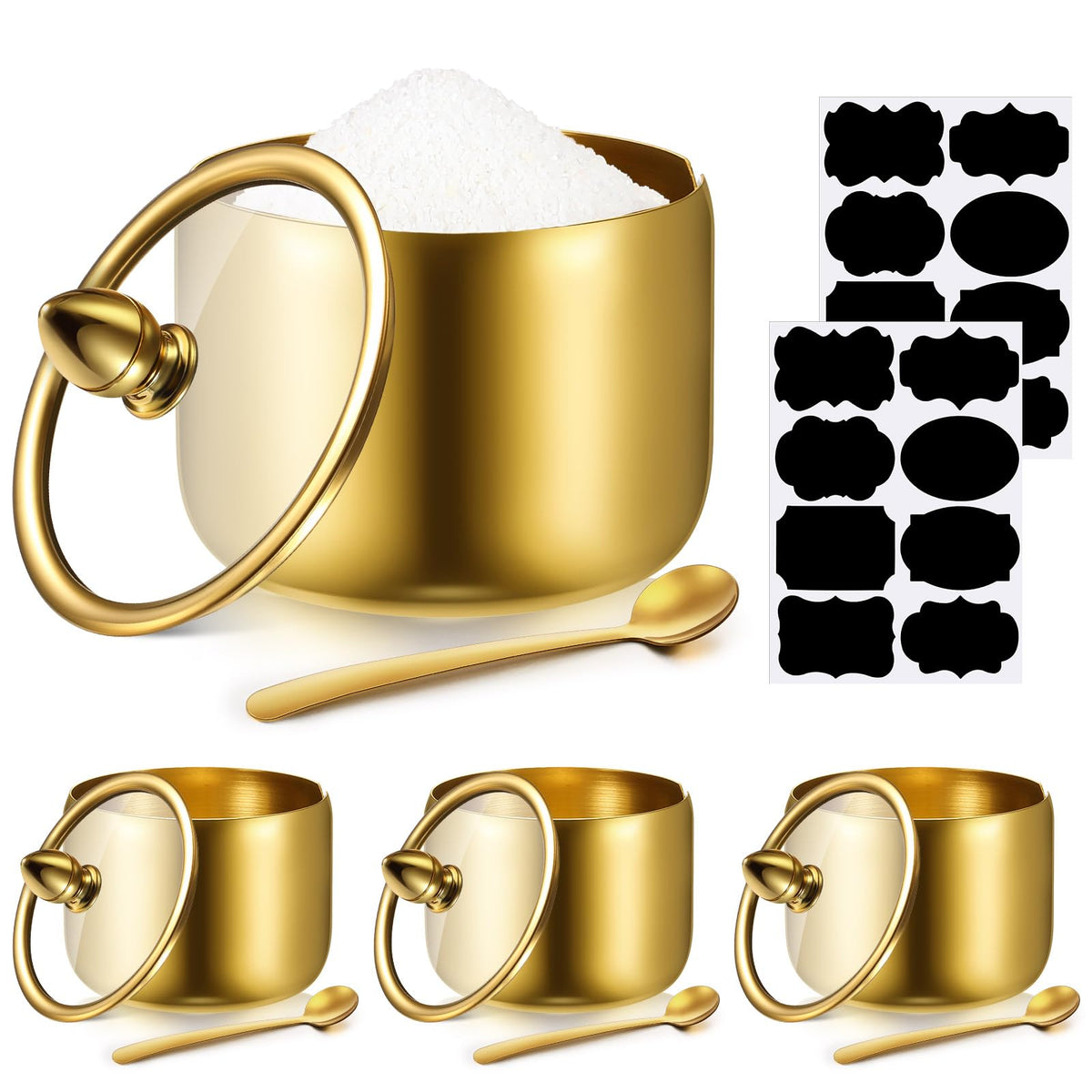 Baderke 4 Pcs 9.8 oz Stainless Steel Sugar Bowl Sugar Container Condiment Dispenser with Lid and Spoon with Tag for Spice Coffee Tea Pepper Herbs(Gold)