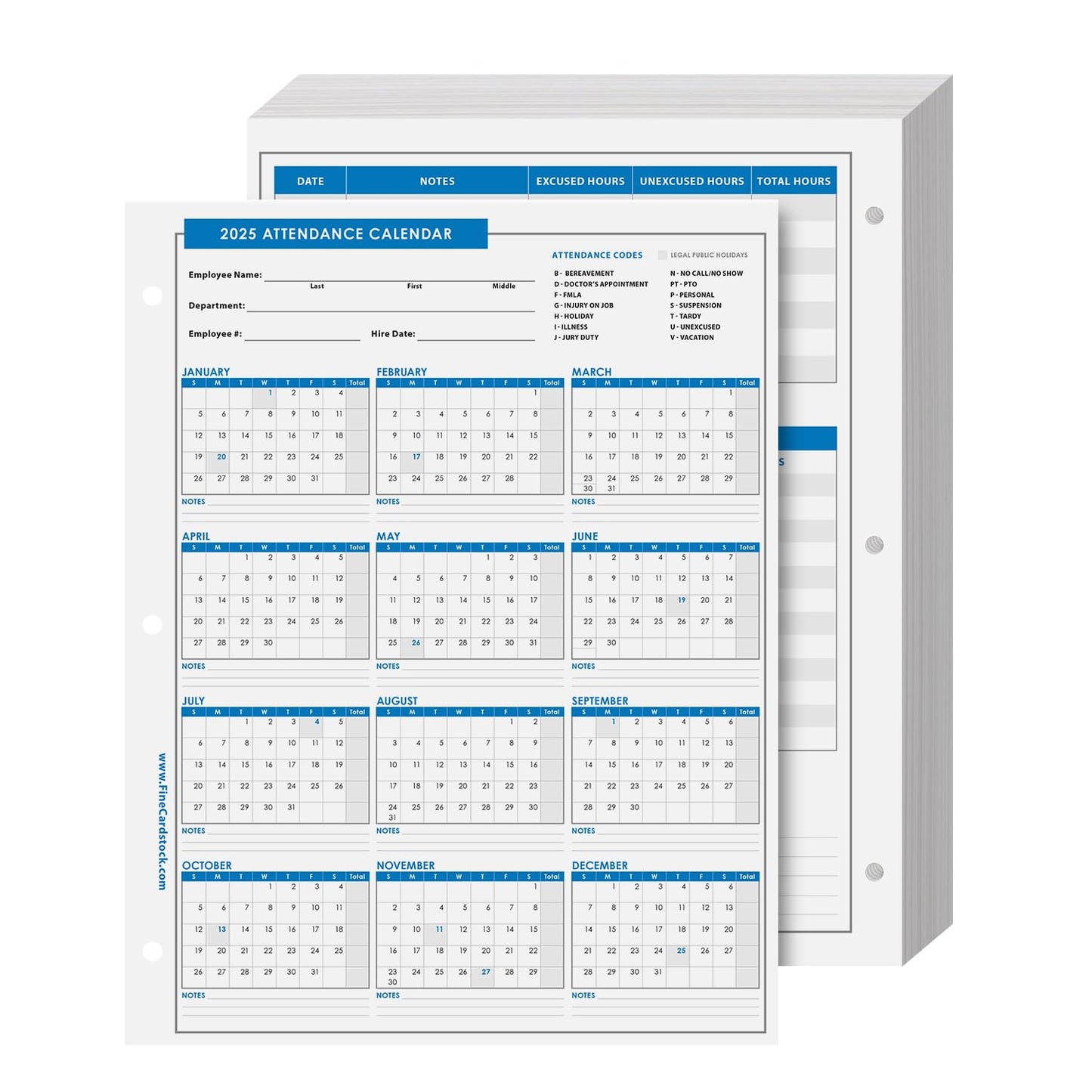 2025 Attendance Calendar Card Stock Paper – Great Employee Work Tracker | Printed on Durable and Thick 80lb (216gsm) Cardstock | 8 ½ X 11 | 25 Sheets per Pack