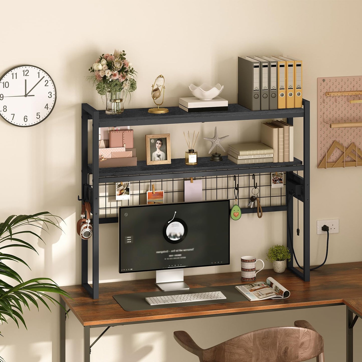HOOBRO Desktop Bookcase, 2-Tier Desktop Organizer, 37.4" Wooden Office Storage Rack with Outlets, Display Shelf Rack with Light Strip, Desk Hutch for Office, Black BB13UDSJ01