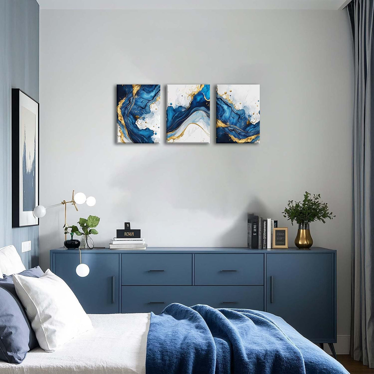ZQARTZZQ 3 Piece Framed Wall Art Abstract Wall Decor Navy Blue and Gold Pictures Marble Foil Canvas Art Modern Minimalism Paintings Artwork For Living Room Bedroom Office 12x16in