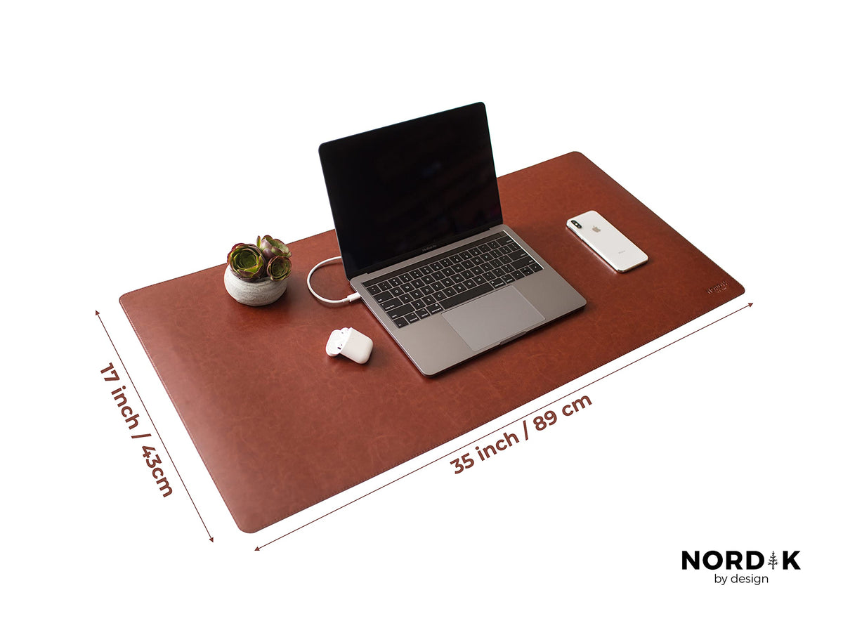 Nordik Leather Desk Mat - Whiskey Brown - Cable Organizer - Premium Mouse Mat & Desk Pad Protector - 35 X 17 Inch - Felt Vegan Leather - Large Office Mouse Pad & Blotter