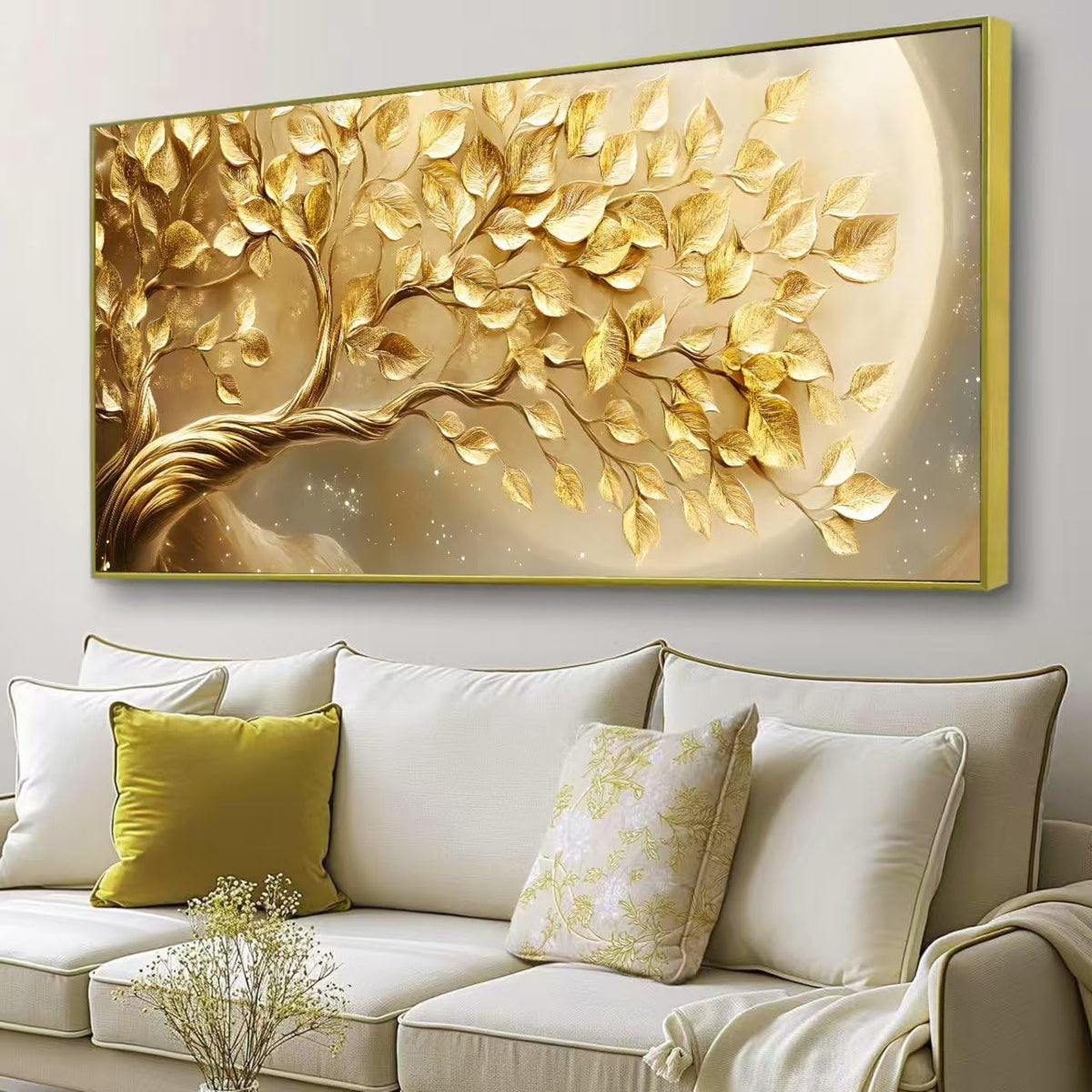BirdSuite Gold Framed Golden Leaf Money Tree Wall Art, Luxury 3D Effect Canvas Print, Ready to Hang Wall Decor for Living Room Bedroom Office Dining Room Entryway, 58x29 Inch