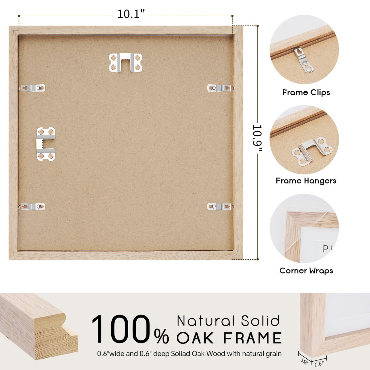 puthiac 10x10 Solid Oak Wood Picture Frame, Fits 6x6 with Mat or 10x10 Without Mat, Wall Display Only, Plexi Front, 1 Pack, Natural Oak