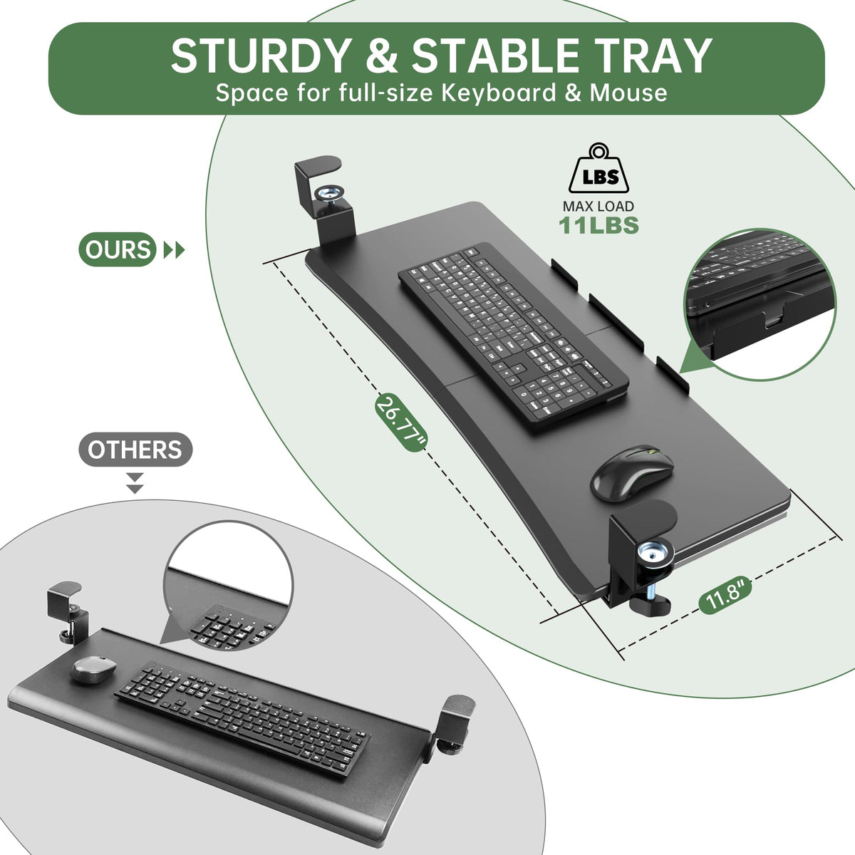UPGRAVITY Large Keyboard Tray Under Desk - Slide Out with Sturdy C-Clip Mount System, 27 (31.2 Including Clamps) X 11.81 Put-Out Keyboard Tray Computer Drawer for Ergonomic Typing, Black
