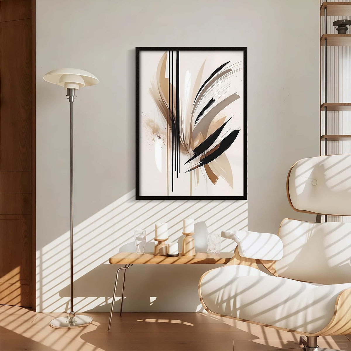 Framed Feather Lines Abstract Canvas Wall Art Print Modern Minimalist Poster Picture Living Room Bedroom Office Gallery Decor Living Room Bedroom Office Apartment 12X16 Inch Ready to Hang