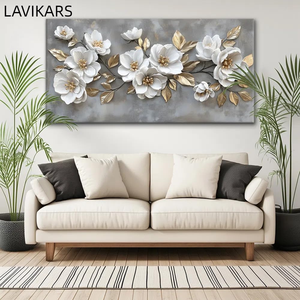 LAVIKARS Modern Gray Flowers Wall Art for Living Room Office White and Golden Floral Landscape Canvas Painting Prints Large Delicate Petals Artwork Kitchen Home Bedroom Decor (16x30 Inches)
