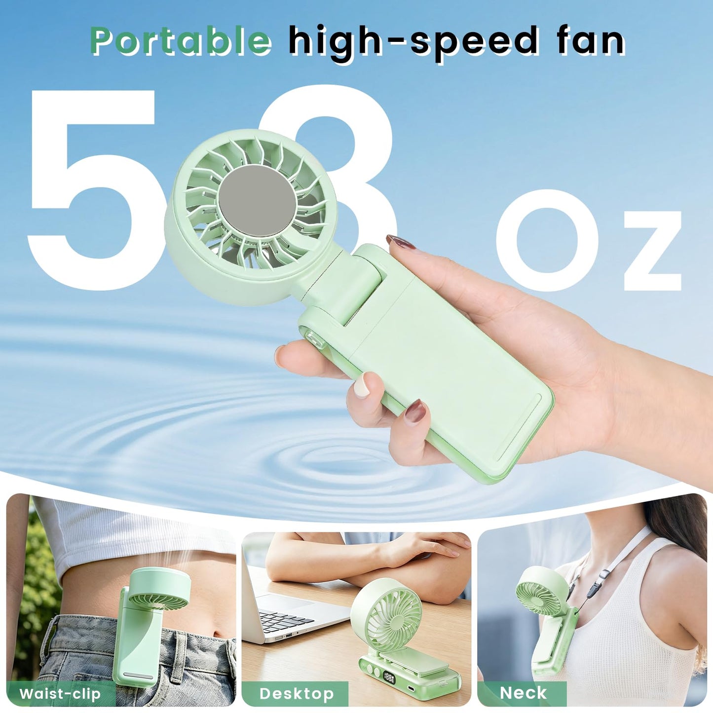 HEEYCEM 4-IN-1 Clip-On Portable Fan Rechargeable Handheld Mini Fan with lce Cooler,5 Gear High Speed 360° Rotatable Small Pocket Fans, for Outdoor, Travel, Beach, and Office (Green)