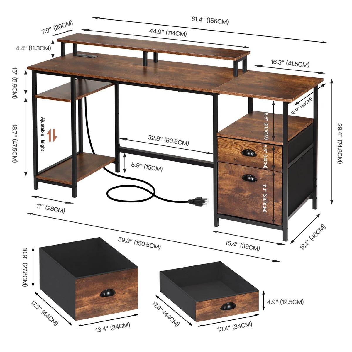 Panana 61.4" Computer Desk with Power Outlet and LED Lights, Desk with 2 Fabric File Cabinet Drawer, Large Reversible Gaming Desk with Shelves and Monitor Stand, Writing Study Desk for Home Office