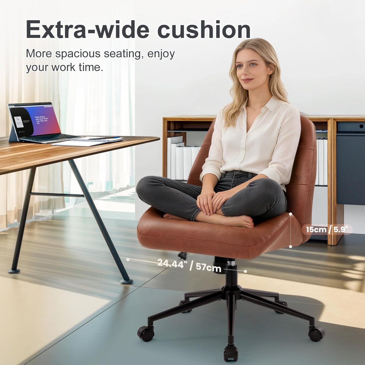IWMH Leather Office Chair with Removable Armrests，Mid-Back Ergonomic Desk Chair with Lumbar Support，Adjustable Height 360° Swivel Executive Task Chairs for Home Office (Brown)