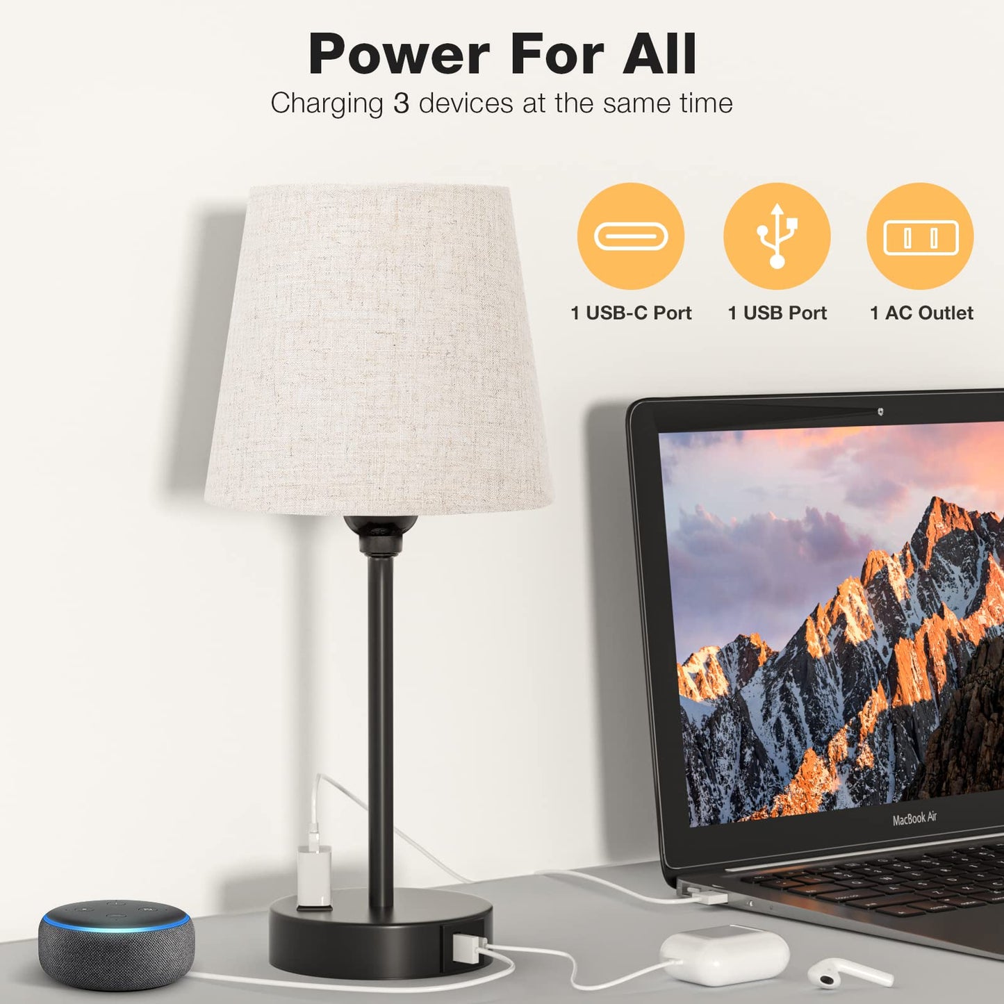 Mini Bedside Lamps for Bedrooms Set of 2 - Nightstand Bedroom Lamps with USB C Port and AC Outlet Charging, Dimmable Touch Small Bed Side Table Lamp, Black Night Stand Light for Kids/Guest Room