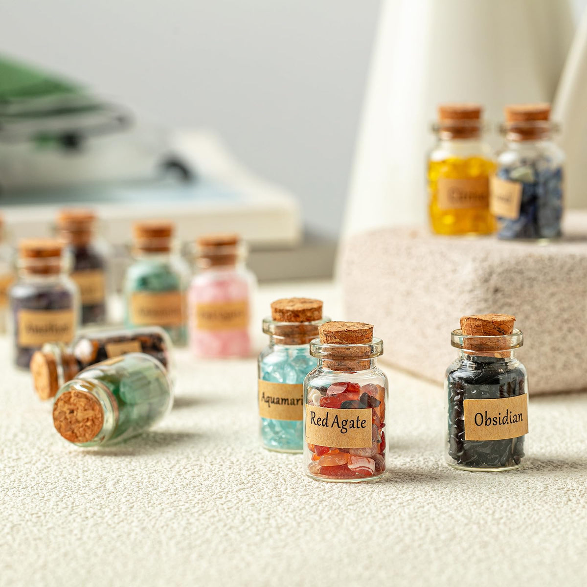 KHOCOEE 12 Different Gemstone Bottles Chip Crystals and Healing Stone, Chakra Healing Crystals Bottles, Wicca Gem Stones Set, Witchcraft Crystals