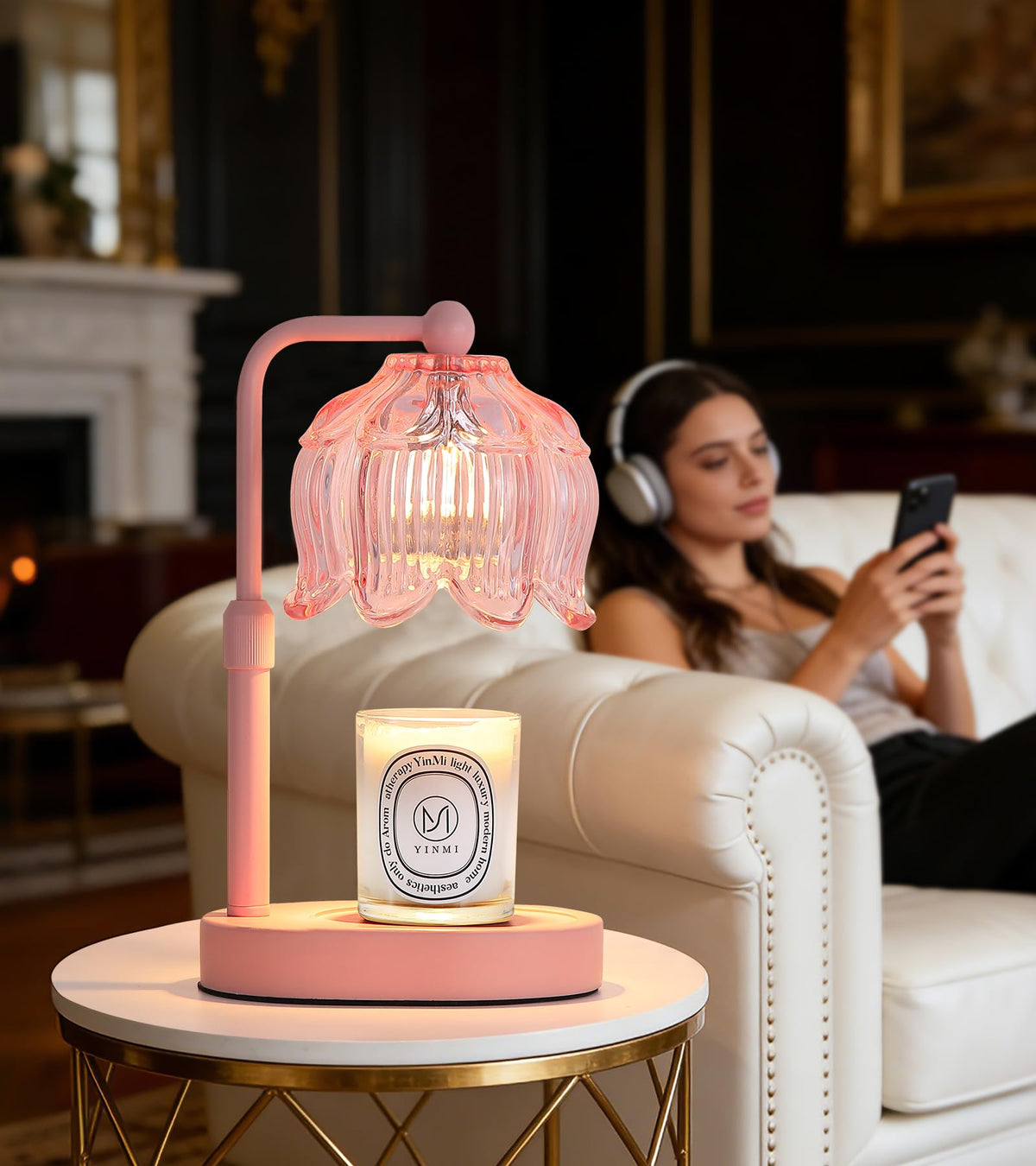 MEIXISUE Pink Flower Candle Warmer Lamp with Timer Dimmer, Adjustable Height No Flame Wax Warmer for Jar Candles, Ideal Gifts for Mom Women, ‌Housewarming New Home Bedroom Decor with 2 Bulbs