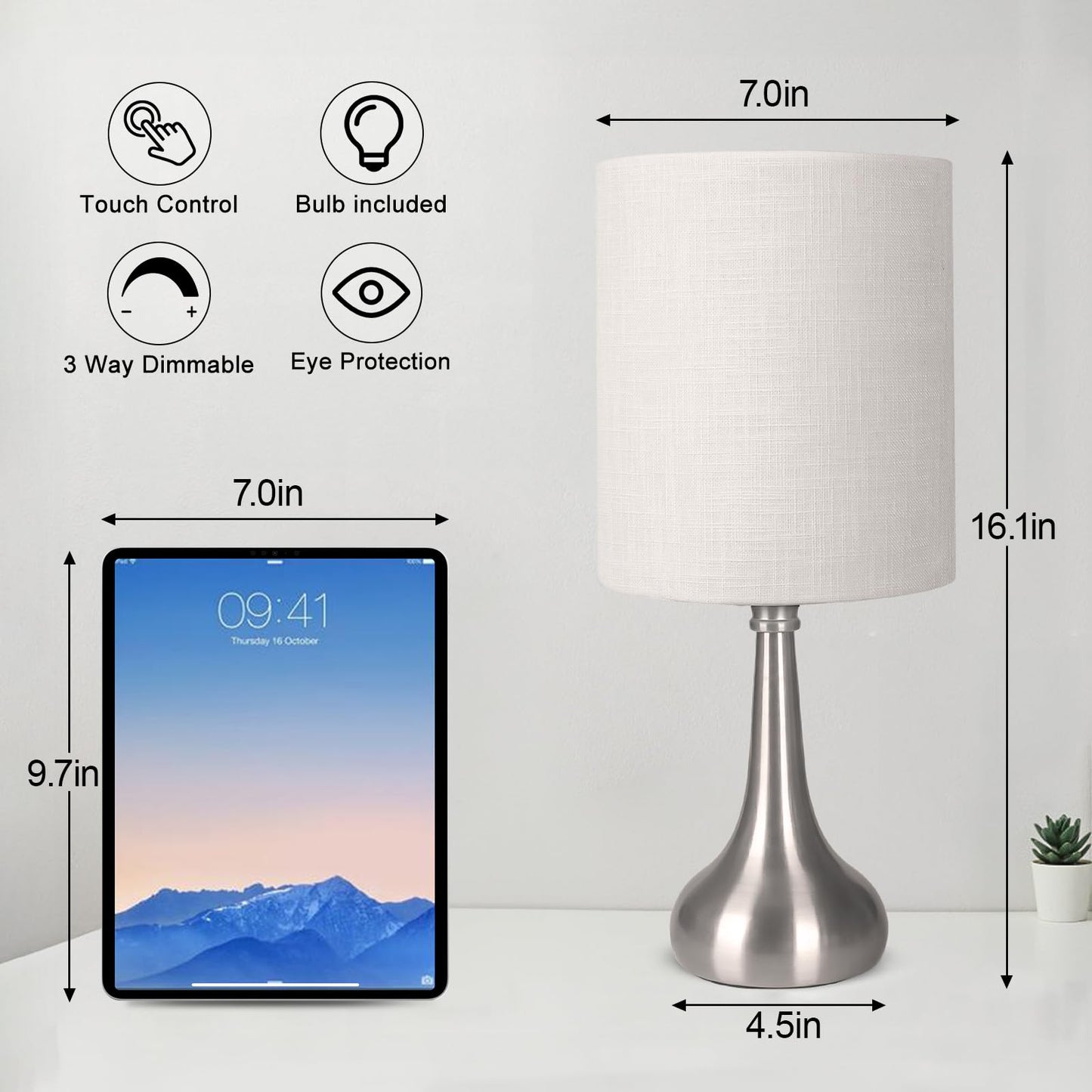 Boncoo Touch Control Table Lamp, 3 Way Dimmable Simple Night Light Lamp with White Lampshade Silver Metal Base, Small Bedside Table Lamp for Bedroom, Office, Dorm, A19 9W 3000K Bulb Included