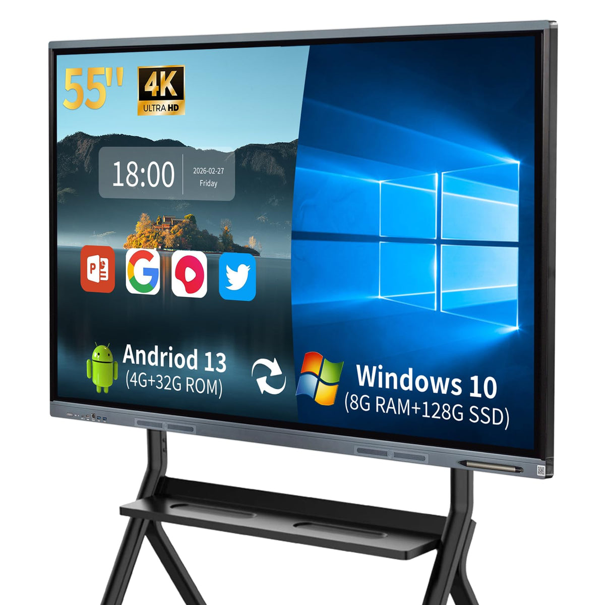 55'' Smart Board, 4K UHD Electronic Whiteboard with Dual OS, Multi-Touch Screen Interactive Digital Whiteboard for Home Office Classroom Presentation, Writing, Meeting - Includes Wall Mount