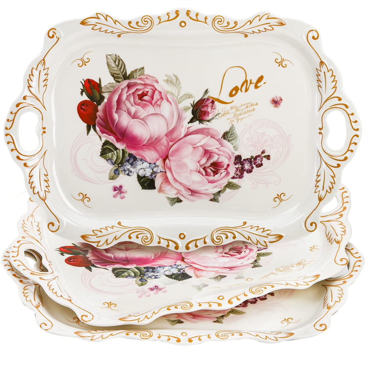 DEAYOU 3-Pack Melamine Serving Tray, Stackable Food Tray with Handles for Eating, Unbreakable Large Serving Platter with Floral Print for Gift, Party, Decor, Home, Restaurant, 16"L x 11"W, Rectangle