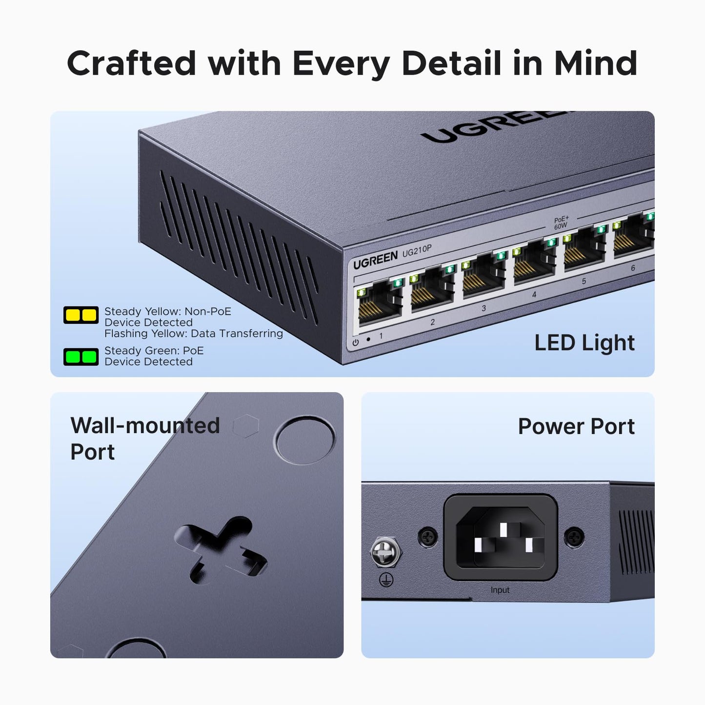 UGREEN Ethernet Switch, 10-Port PoE Switch, 8 PoE+@60W + 2 Gigabit Uplink, Plug & Play, Standard/Port Isolation(VLAN)/Extend Mode, PoE Auto Recovery, Metal Unmanaged Network Hub for Security Camera
