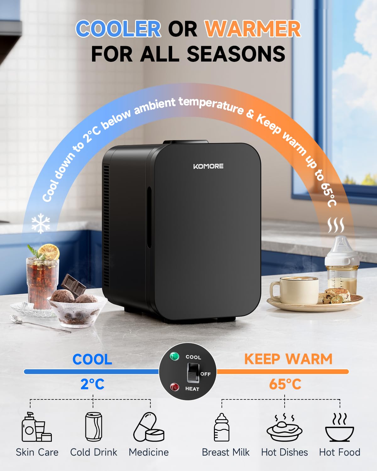 KOMORE Small Mini Fridge, 18L Portable Tiny Fridge for Skincare, 120V/12V Makeup Refrigerator Mini, Thermoelectric Cooler & Warmer for Drinks, Food, Cosmetics for Office/Dorm/Car/Travel, Black
