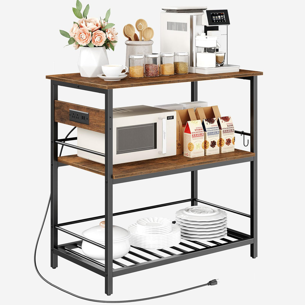 HOOBRO Kitchen Island with Storage, Kitchen Island Table with Power Outlet, 47.2" L 3 Tier Kitchen Counter and Microwave Stand, for Home, Kitchen and Dining Room, Rustic Brown and Black BF120UZD01