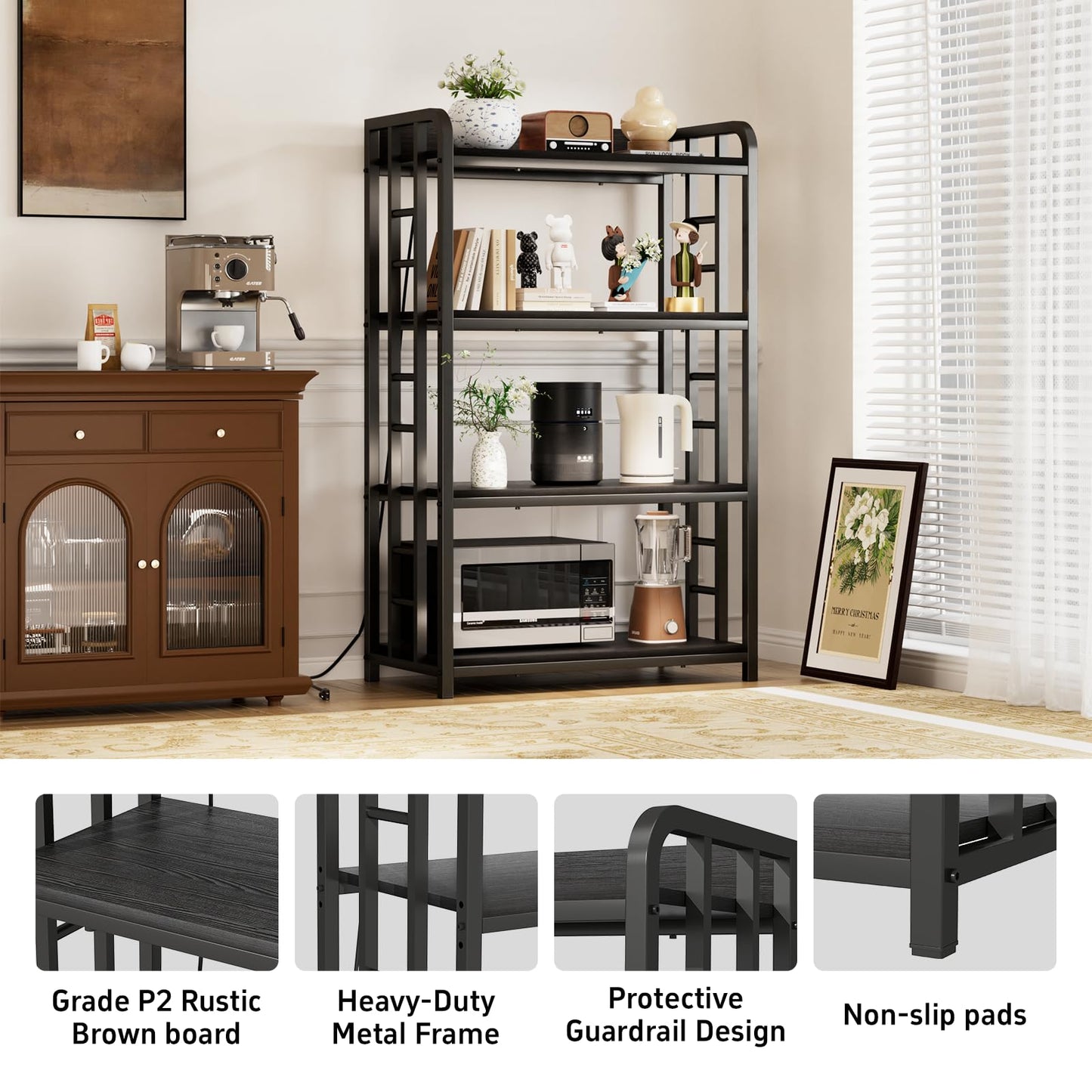 TIFFLOI Adjustable Bakers Rack with Power Outlet, 4 Tier Microwave Oven Stand, Heavy Duty Kitchen Storage Rack for Garage Dining Room, Black