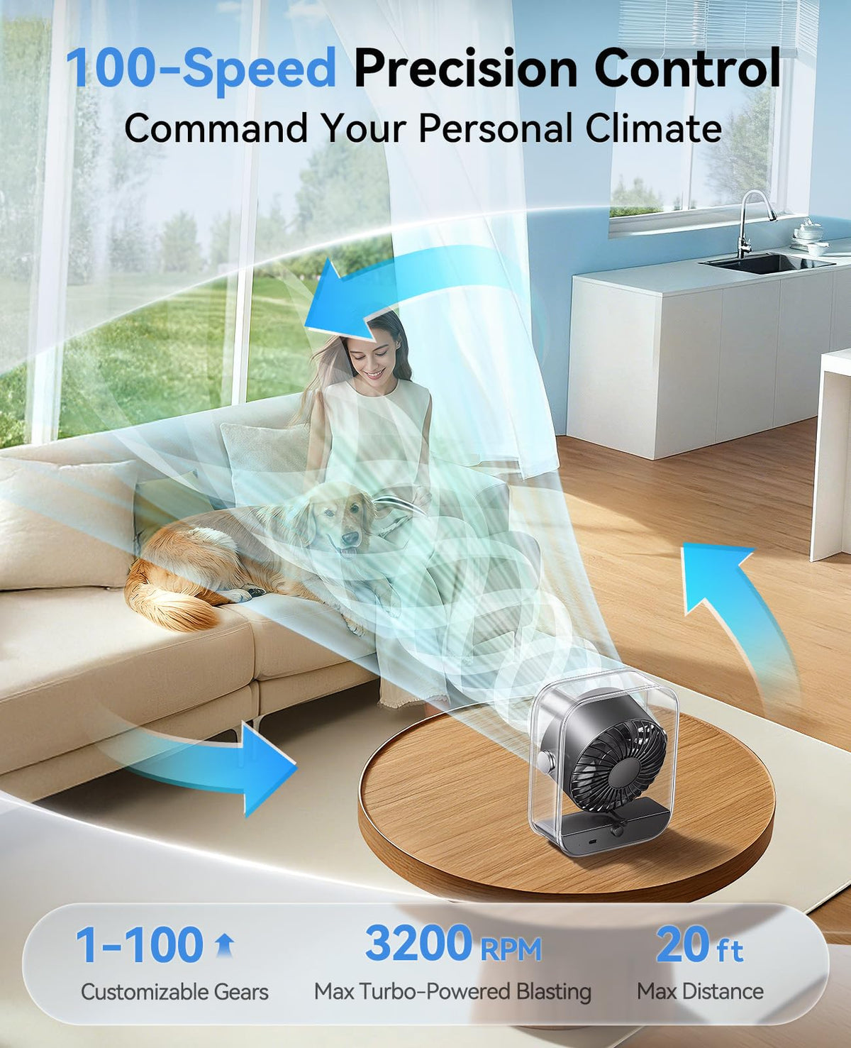 DIGIX Portable Desk Fan for Bedroom, Rechargeable Small Table Fan with 100 Speeds, 90° Rotation, Turbo Airflow, LED Display, Quiet Personal USB Cooling Fan for Office Home Travel Camping, Black