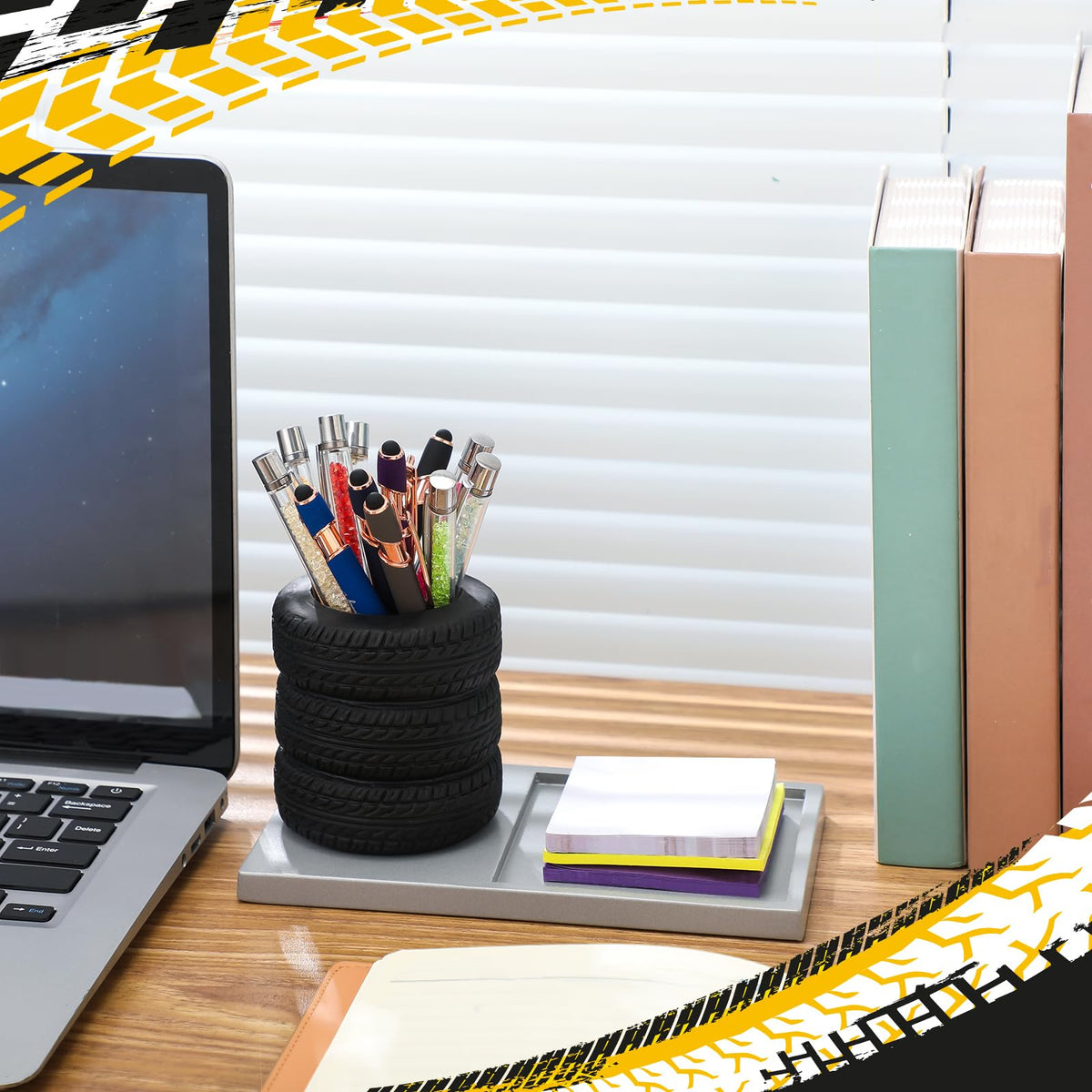 Fullhawl Tire Shaped Pen Holder with Sticky Notes Holder Set Tool Planter Pencil Storage Holder Desk Organizer Home Office Supplies Gift for Mechanics Car Lovers