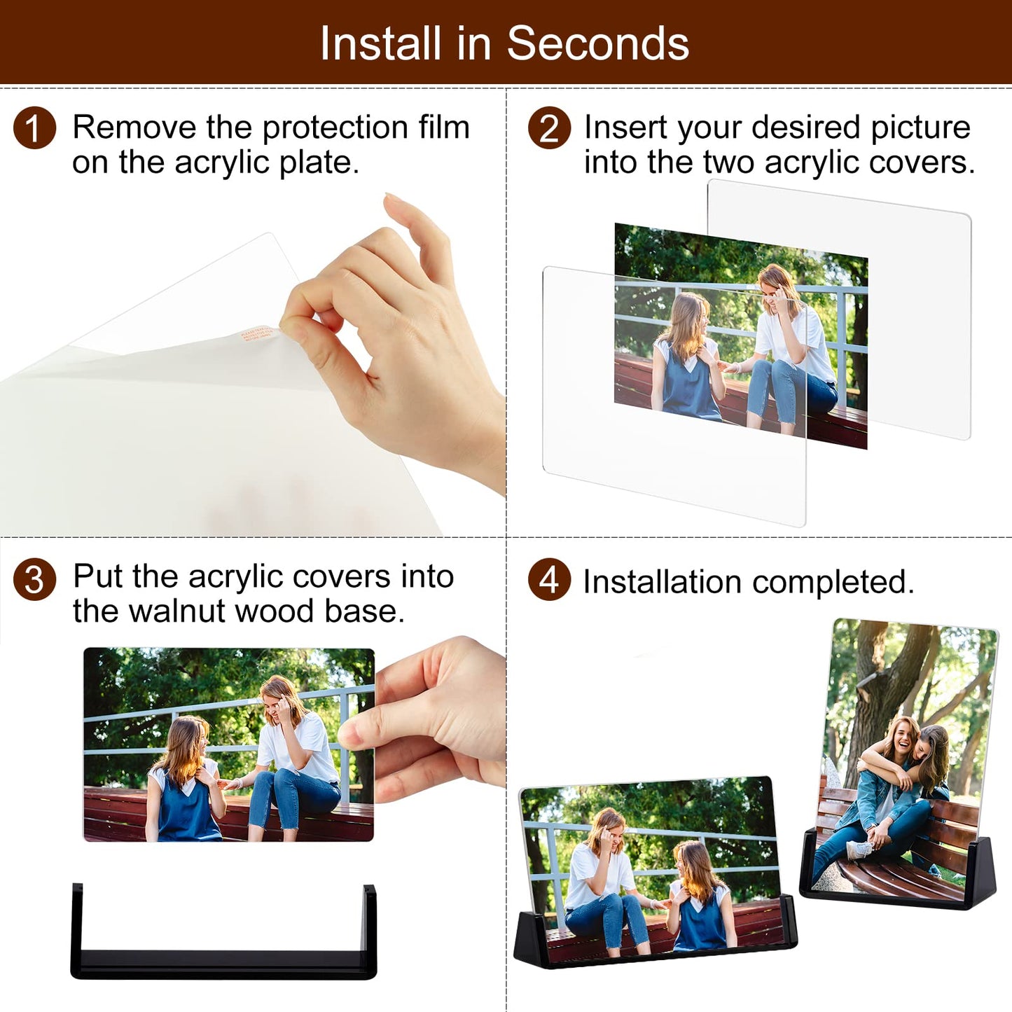 Boxalls 2 Pack Acrylic Picture Frames 4x6 with Translucent Black Base Stand, Frameless Photo Frame for Tabletop or Desktop Display (Horizontal + Vertical)
