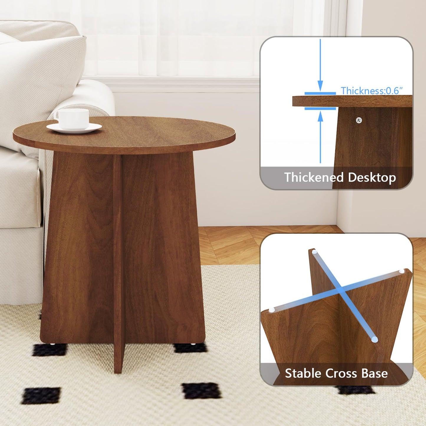 Permory 19.6 Inch Round Side Table, Modern End Table with MDF Wood Tabletop, Small Accent Coffee Table for Living Room, Bedroom, Balcony, Easy Assembly & Sturdy (Rustic Brown)