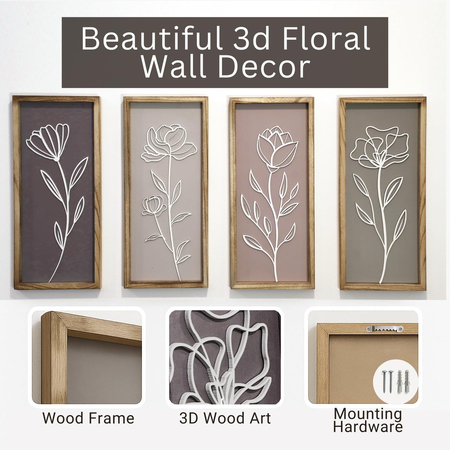 Product Elevations 3D Bathroom Art Set of 4 – Wooden Framed Wall Art for Living Room, Bedroom, Dining, Office, & Kitchen – Boho Botanical Wall Hanging Decor – Modern Farmhouse Home Decor & Luxury Gift