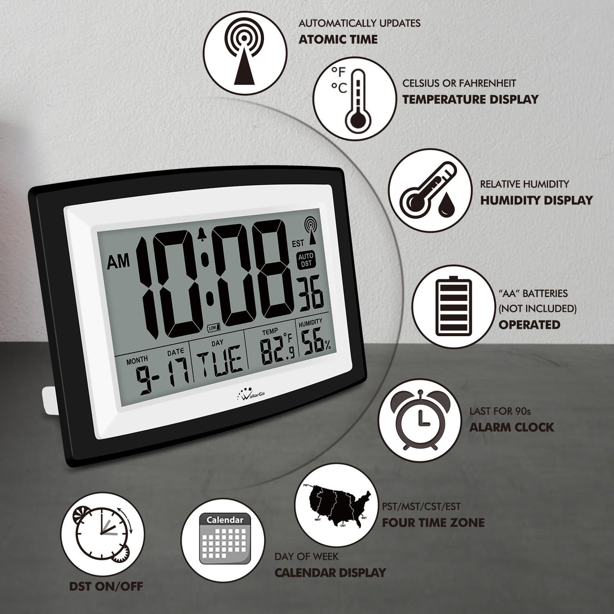 WallarGe Atomic Clock with Indoor Temperature and Humidity, 12.5 Inch Self-Setting Digital Wall Clock or Desk Clock, Battery Operated Digital Clock Large Display for Seniors, Auto DST