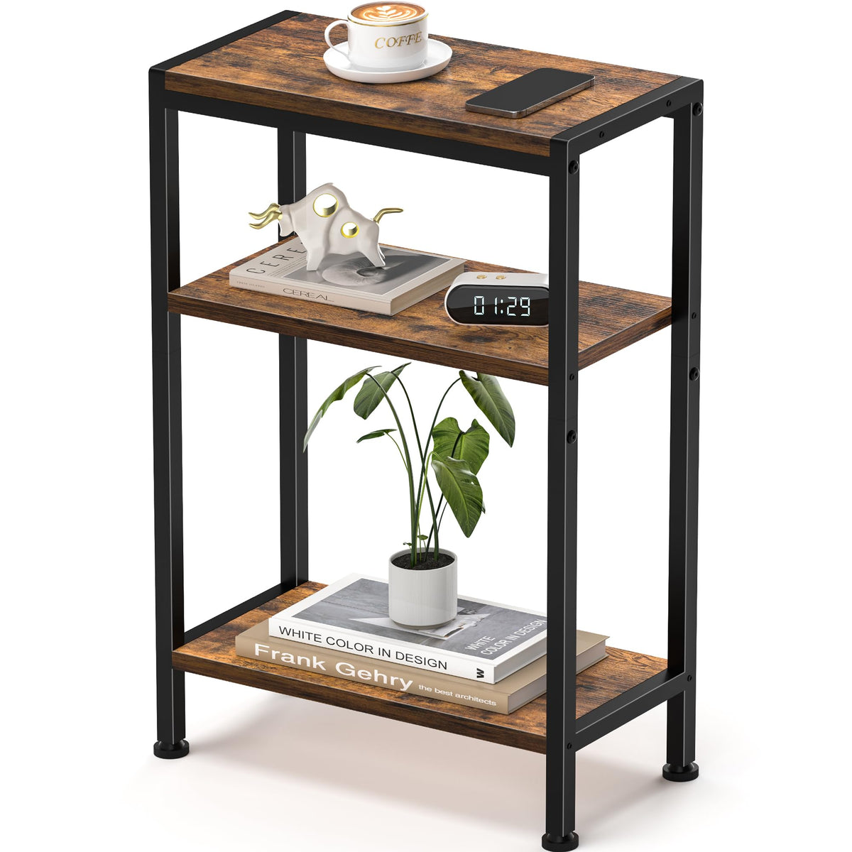 Homedawn Narrow Side Table for Small Space, 3 Tier Slim End Table, Thin Nightstand, Skinny Snack Couch Table, Sofa Bedside Table in Living Room, Bedroom, Study, Kitchen and Balcony (Rustic Brown)