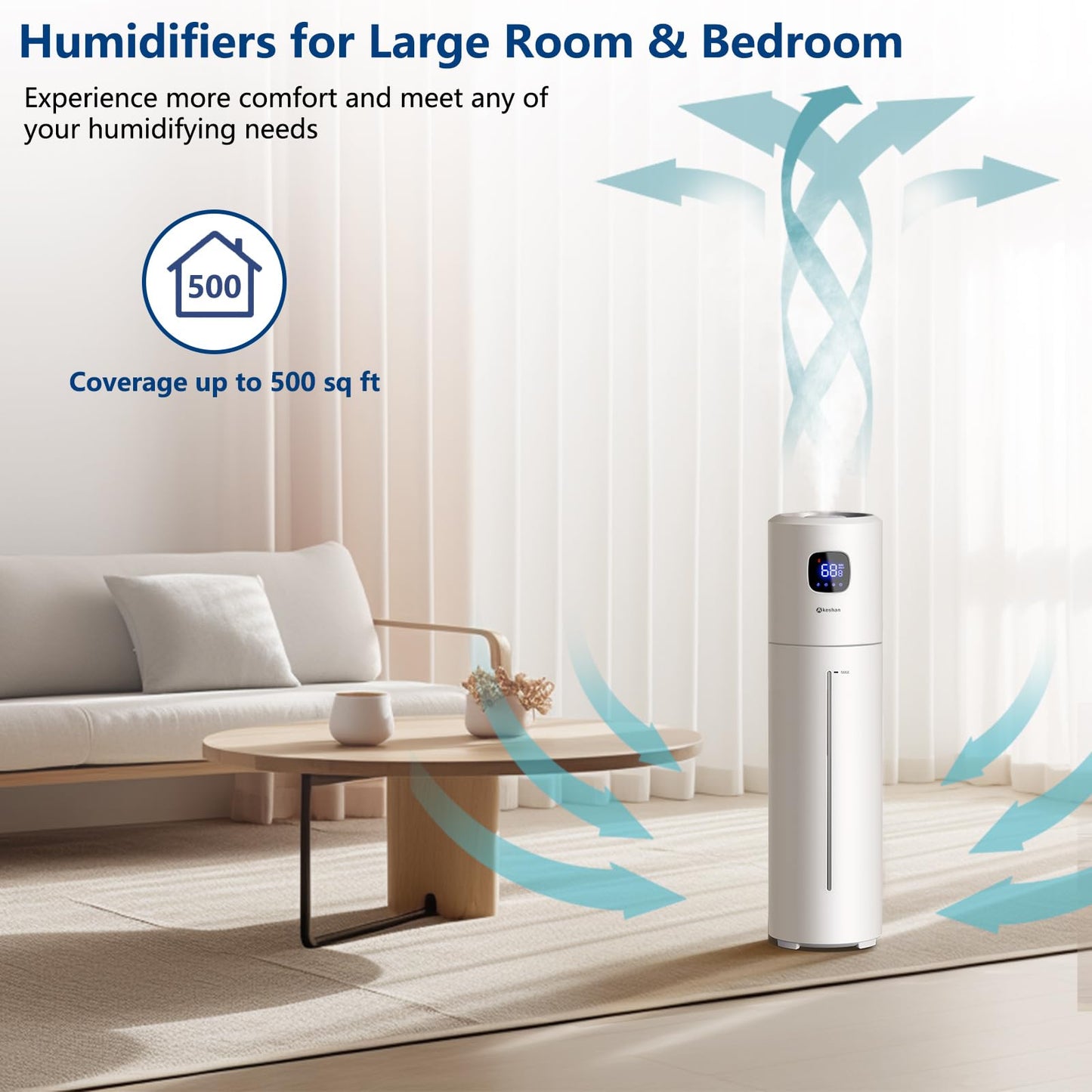 Akeshan Large Humidifiers for Bedroom, 9L/2.5Gal Ultrasonic Cool Mist, Top Fill Easy Clean with 350ML/H Mist Speed, Quiet, Suitable for Kids Room Plant Yoga Office Study Room Living (White, Round)