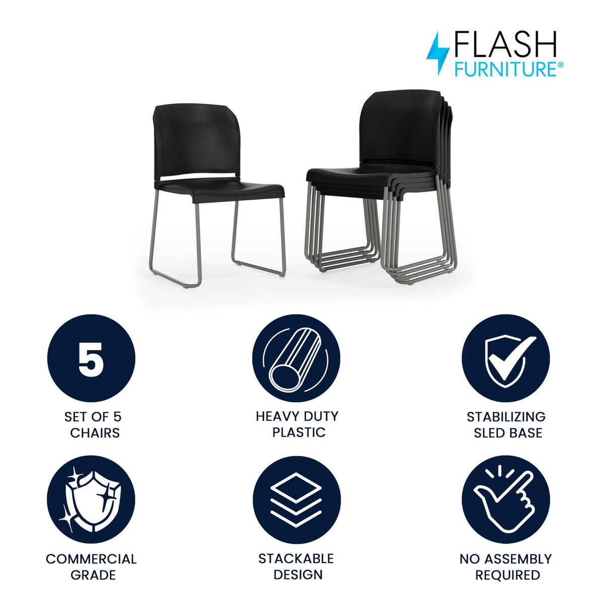 Flash Furniture Hercules Series Contoured Stacking Chairs for Waiting Rooms and Offices, Ergonomic Lobby Chairs with Curved Back, Set of 5, Black