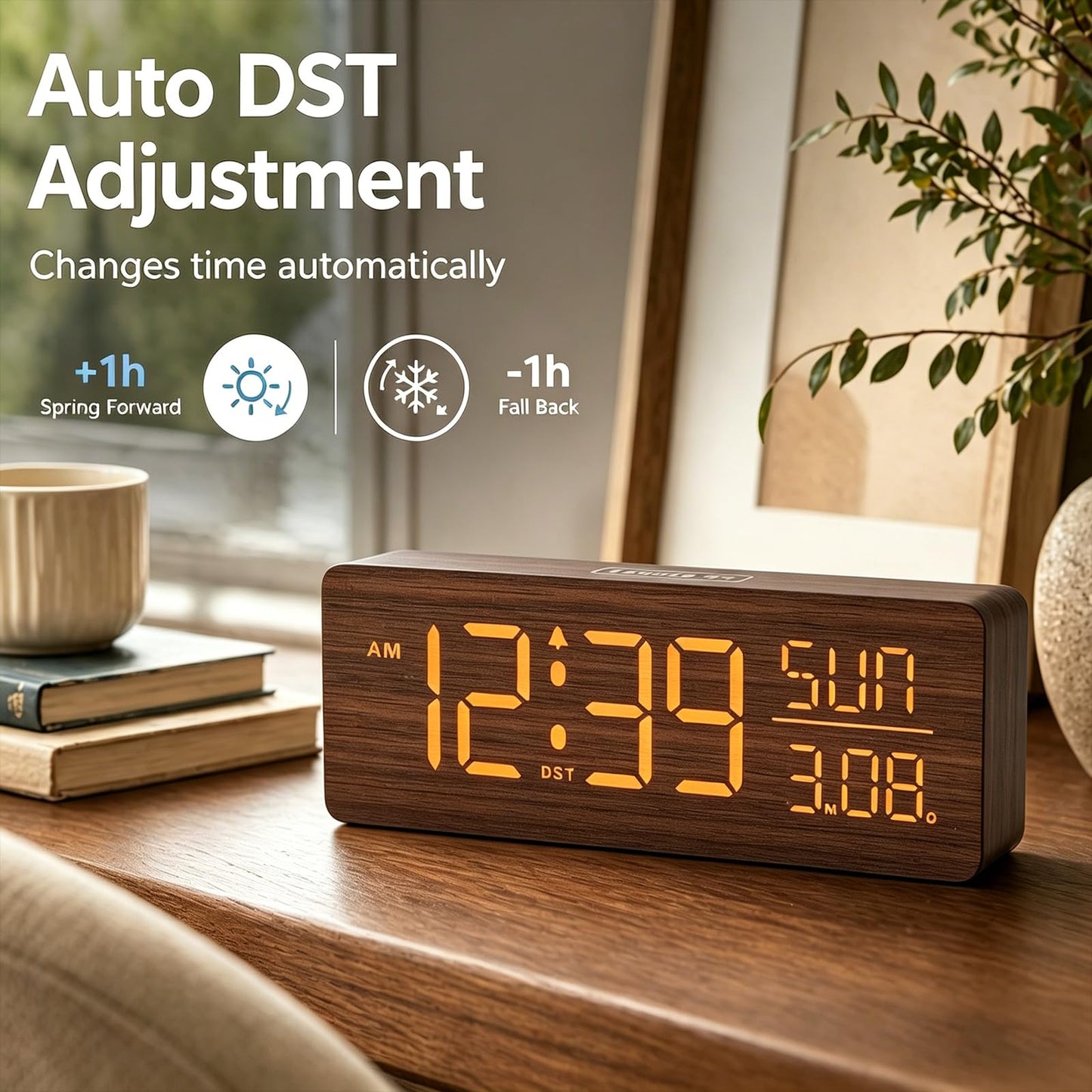 Peakeep Wooden Digital Alarm Clock Large Display, Textured Desk Table Decoration for Bedroom, Living Room, Plug in Clock with Time Date Day, 5 Brightness, Auto DST