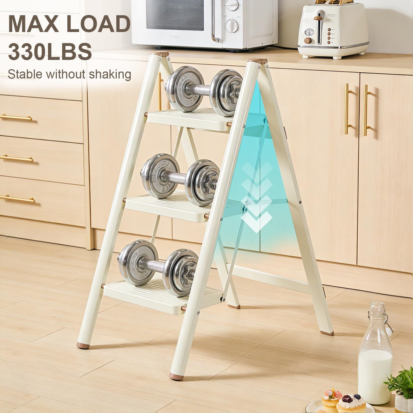 Valeo 3 Step Ladder,Lightweight Folding Step Stool with Wide Anti-Slip Pedal, 330LBS Capacity, Heavy Duty,Sturdy Iron Metal Step Stool for Home, Kitchen, Closet, Adults, Cream White