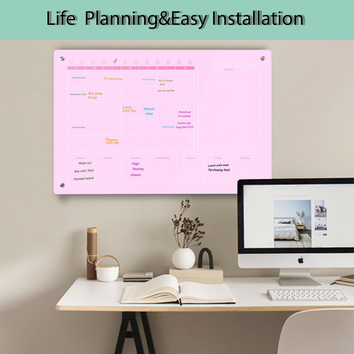 Marribol Large Acrylic Calendar for Wall,24"X16",Acrylic Dry Erase Calendar for Wall,Pink Dry Erase Board for Home/Office