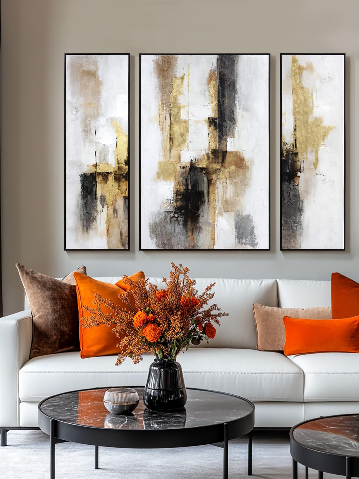3-Piece Black & Gold Abstract Wall Art - Modern Textured Canvas Prints with Hand-Applied Brush Strokes, Large Wall Decor for Living Room, Bedroom, or Office, 2 x 12 x 36 and 1 x 24 x 36 Inches