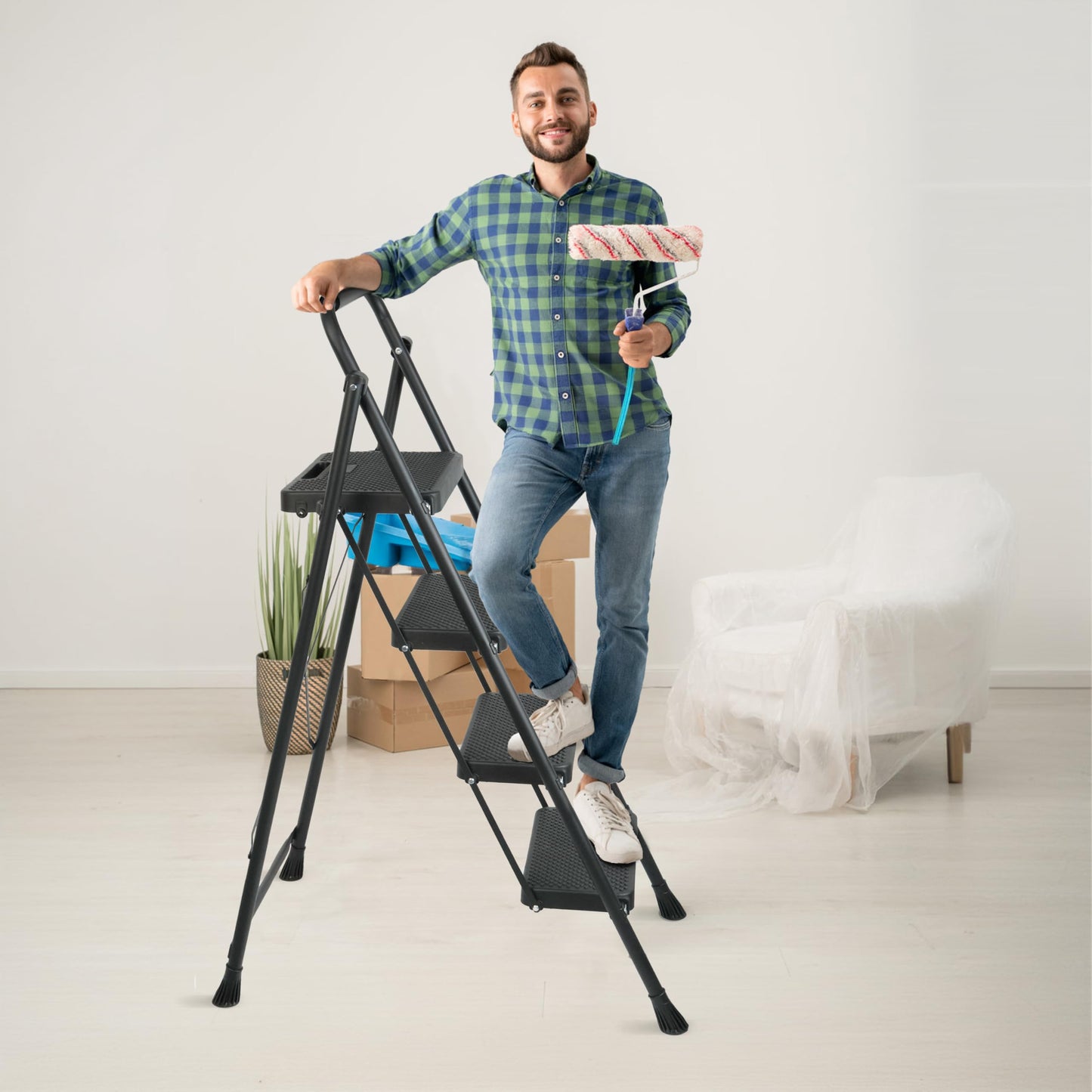 Arbusb Step Ladder, Folding Step Stool with Wide Anti-Slip Pedals, Sturdy Steel Ladder with Handrail, Space-Saving, Portable for Home & Adults, 4 Step Ladder