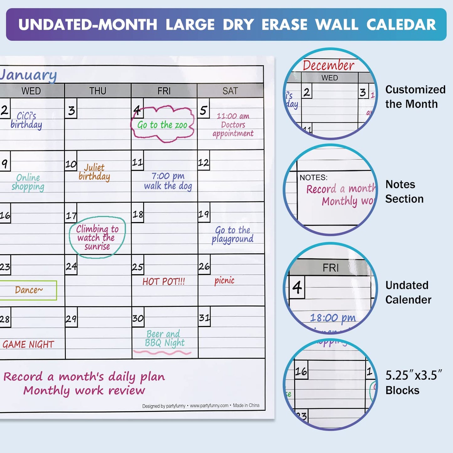 Dry Erase Monthly Extra Large White Board Calendar for Wall, 25" by 38", Jumbo Laminated Erasable One Month Whiteboard Calendar, Huge Oversized Blank 30-Day Poster with Lines and Squares