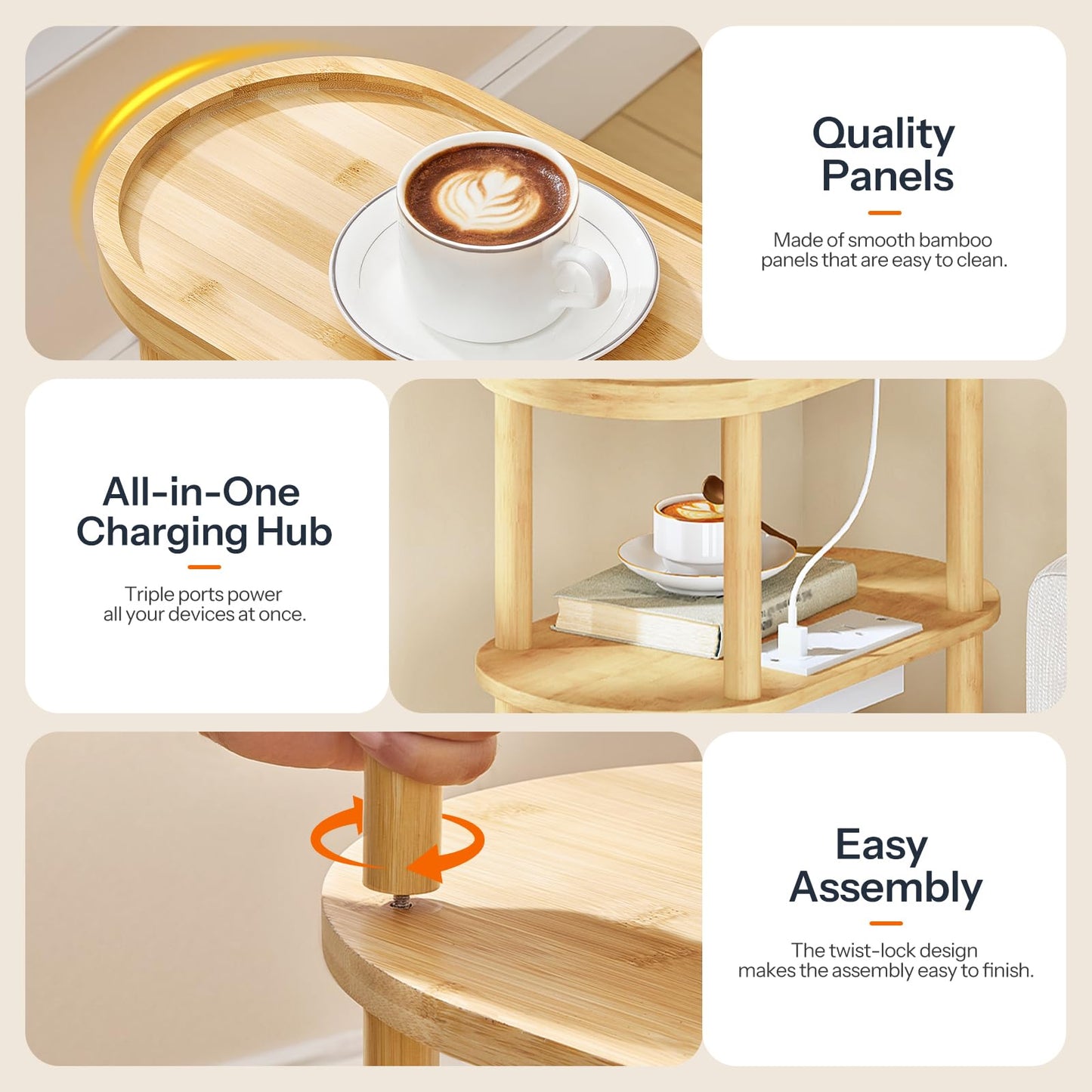 HOOBRO Small Narrow Side Table with Charging Station, 3-Tier Bamboo Narrow End Table, Slim Side Table for Small Spaces, Skinny Oval Nightstand for Living Room, Bedroom, Apartment, Natural YL178UBZ01