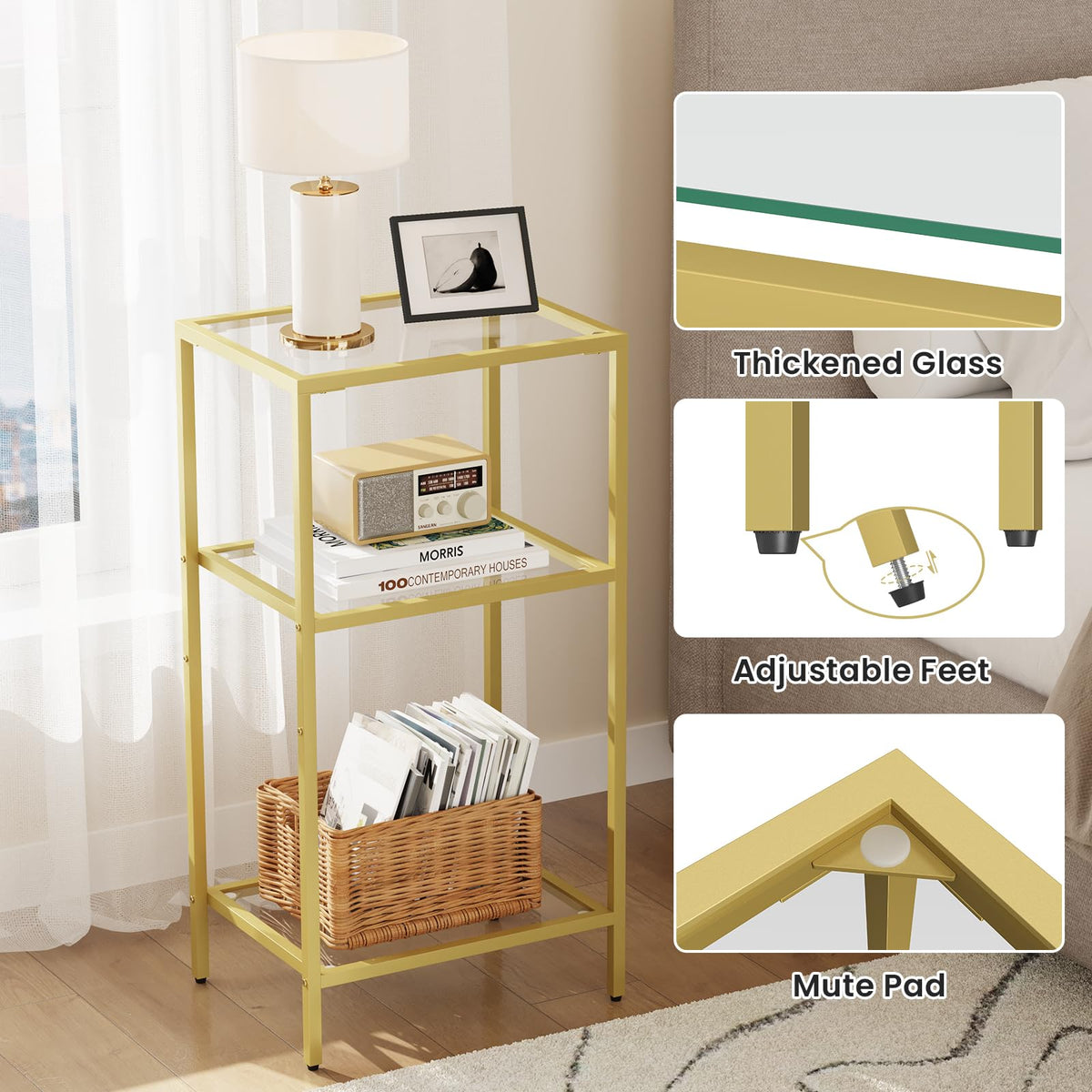 Draelibor Side Tables Set of 2, Tempered Glass End Table with Metal Frame, 3-Tier Small Nightstands with Storage Shelves,Tall Table Stand for Home Decor, Living Room, Bedroom, Office, Gold（2 Pack）