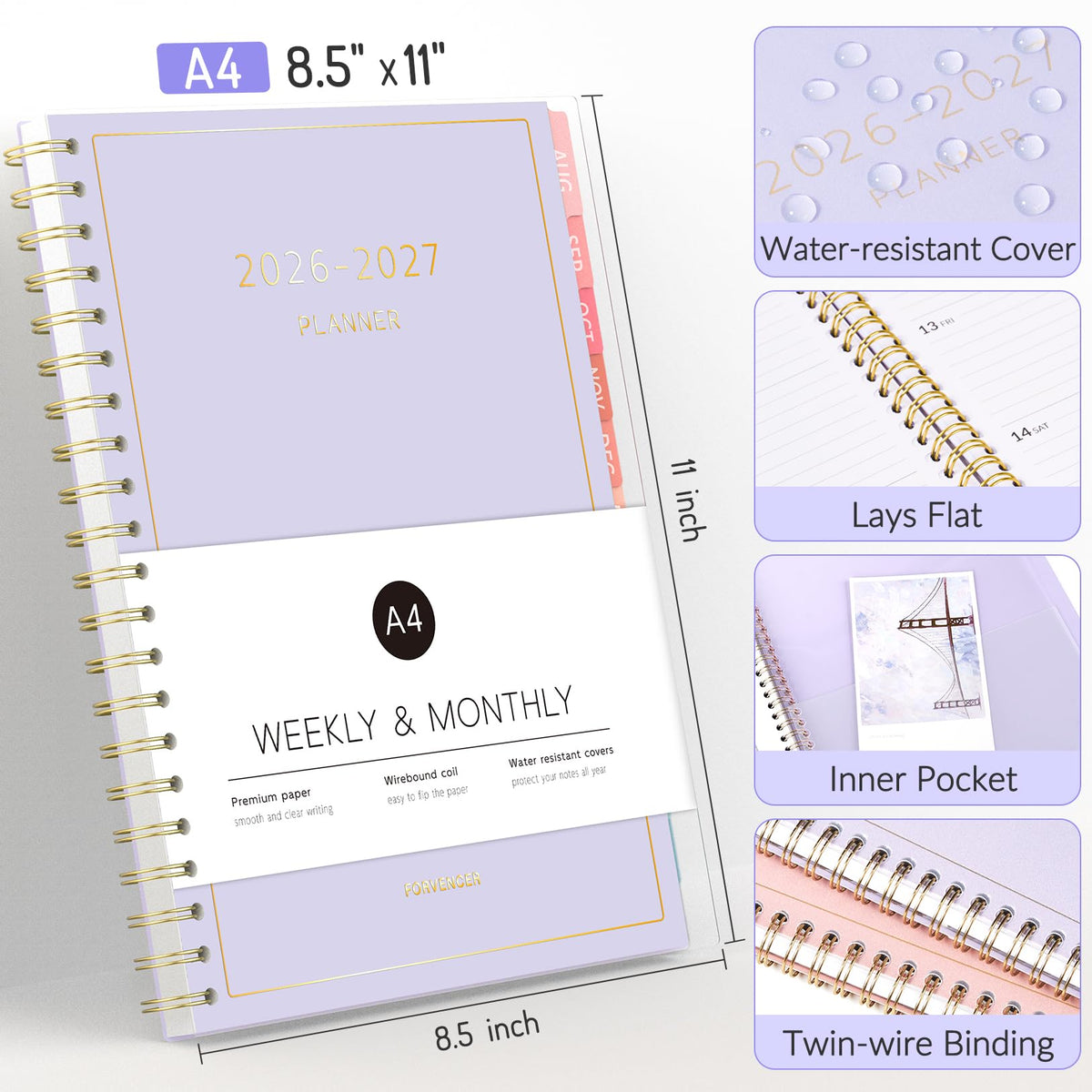 Aug 2026 - Dec 2027 Planner, Forvencer 17 Month Academic Planner 2026-2027, 8.5" x 11", Calendar Planner Weekly and Monthly, Daily Agenda Book, College School Supplies for Student Teacher, A4, Beige