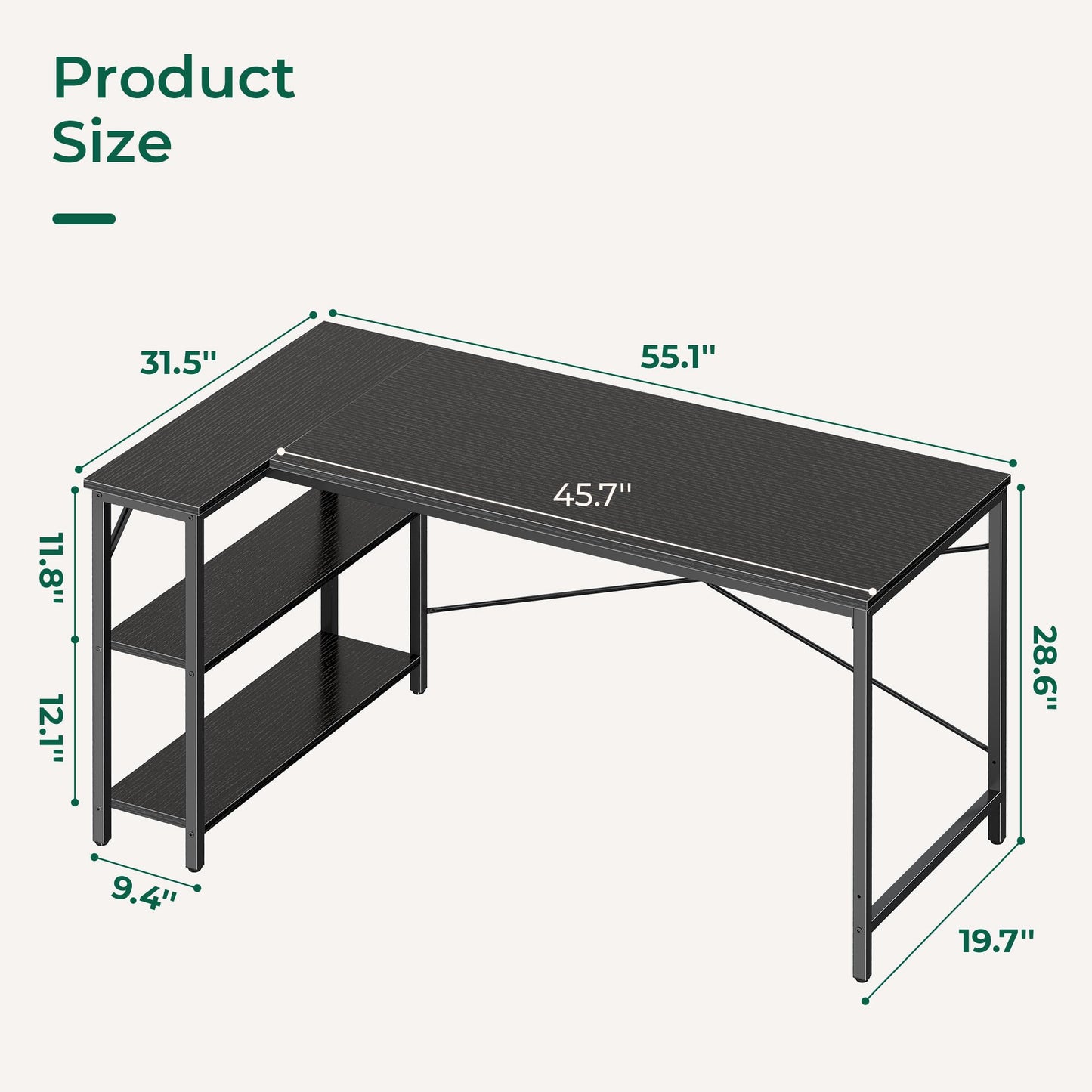 Huuger L Shaped Desk, 55 Inches Computer Desk with Reversible Storage Shelves, for Gaming Corner Home Office Writing Study, Metal Frame, Black