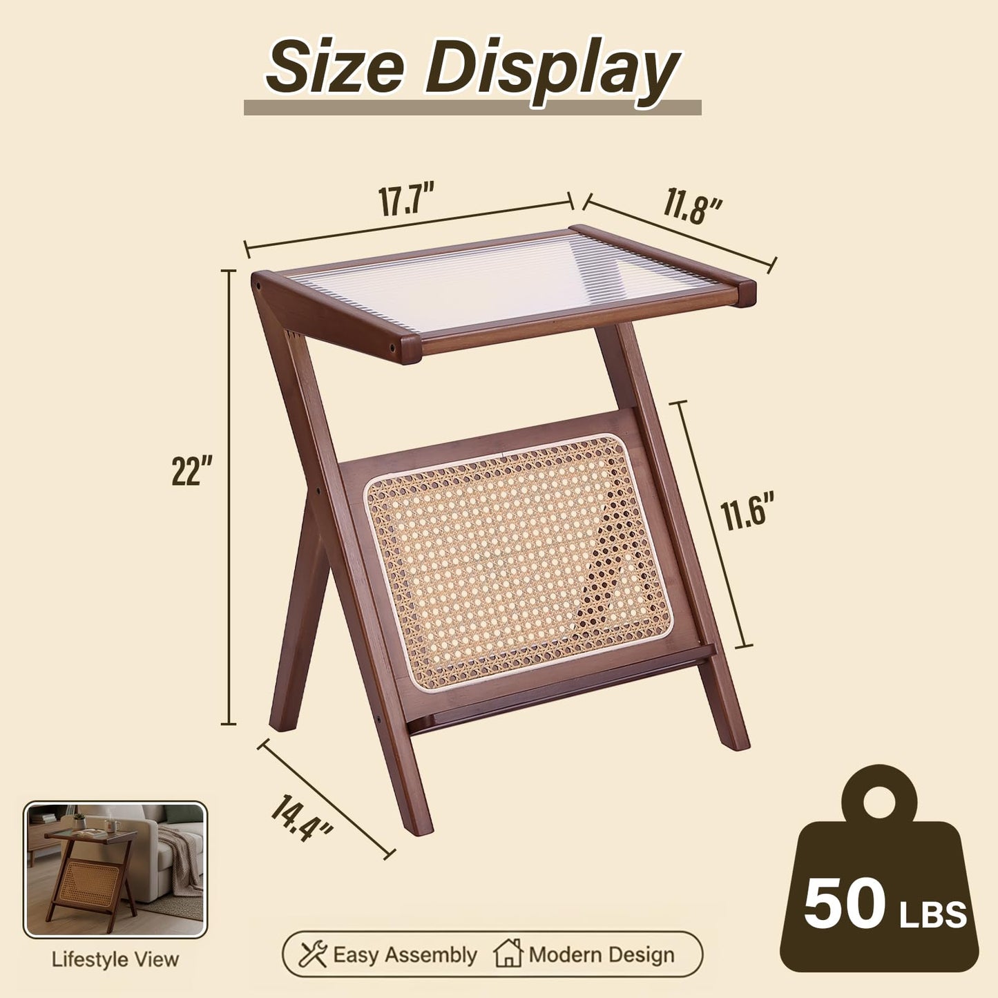 Tiita Rattan Nightstand Side Table, Bamboo Accent Bedside Tables, Glass Coffee Tables, Boho Wooden End Table with Storage for Small Space, Living Room and Bedroom