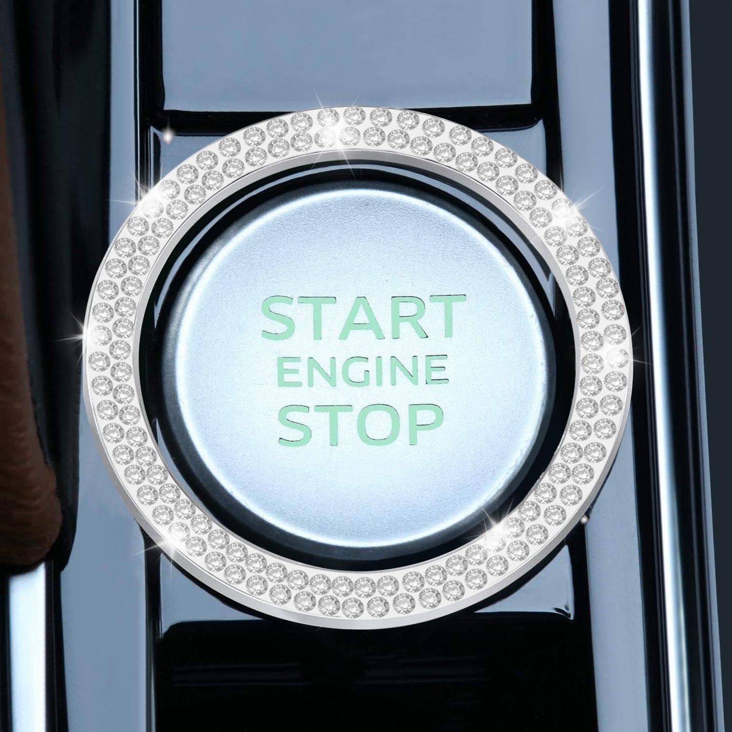 LivTee 2 PCS Crystal Double Rhinestone Car Engine Start Stop Decoration Ring, Bling Car Interior Accessories for Women, Push to Start Button Cover Sticker, Automotive Decals, White