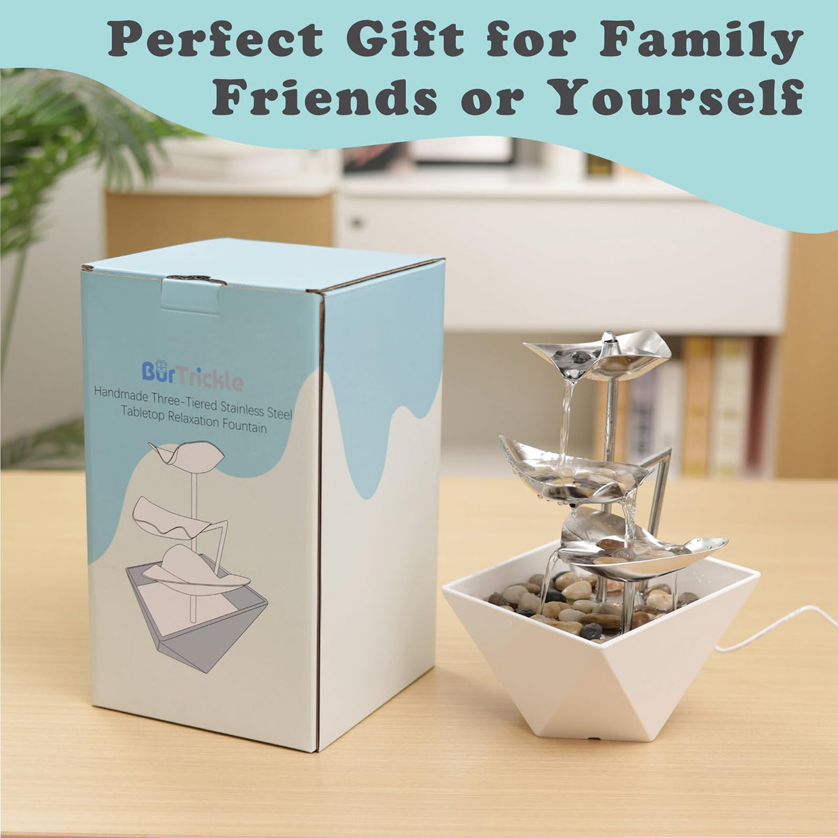 BurTrickle Indoor Tabletop Water Fountain - Home Decor Handcrafted 3-Tier 304 Metal Durable Desktop Fountain, Quiet Pump, Zen Relaxation for Office, Living Room, or Bedroom, Trilogy (White)