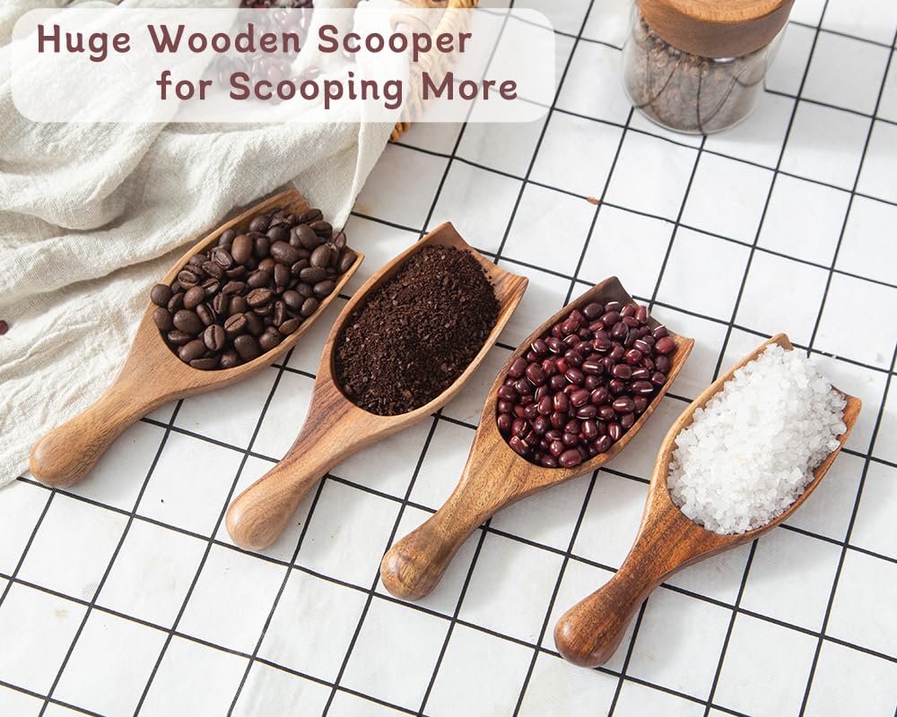 Acacia Coffee Scoop, 4pcs Large Wood Scoops for Coffee Beans, Big Wooden Scoops Shovel for Big Jars Canisters Ground Coffee, Sugar, Salt