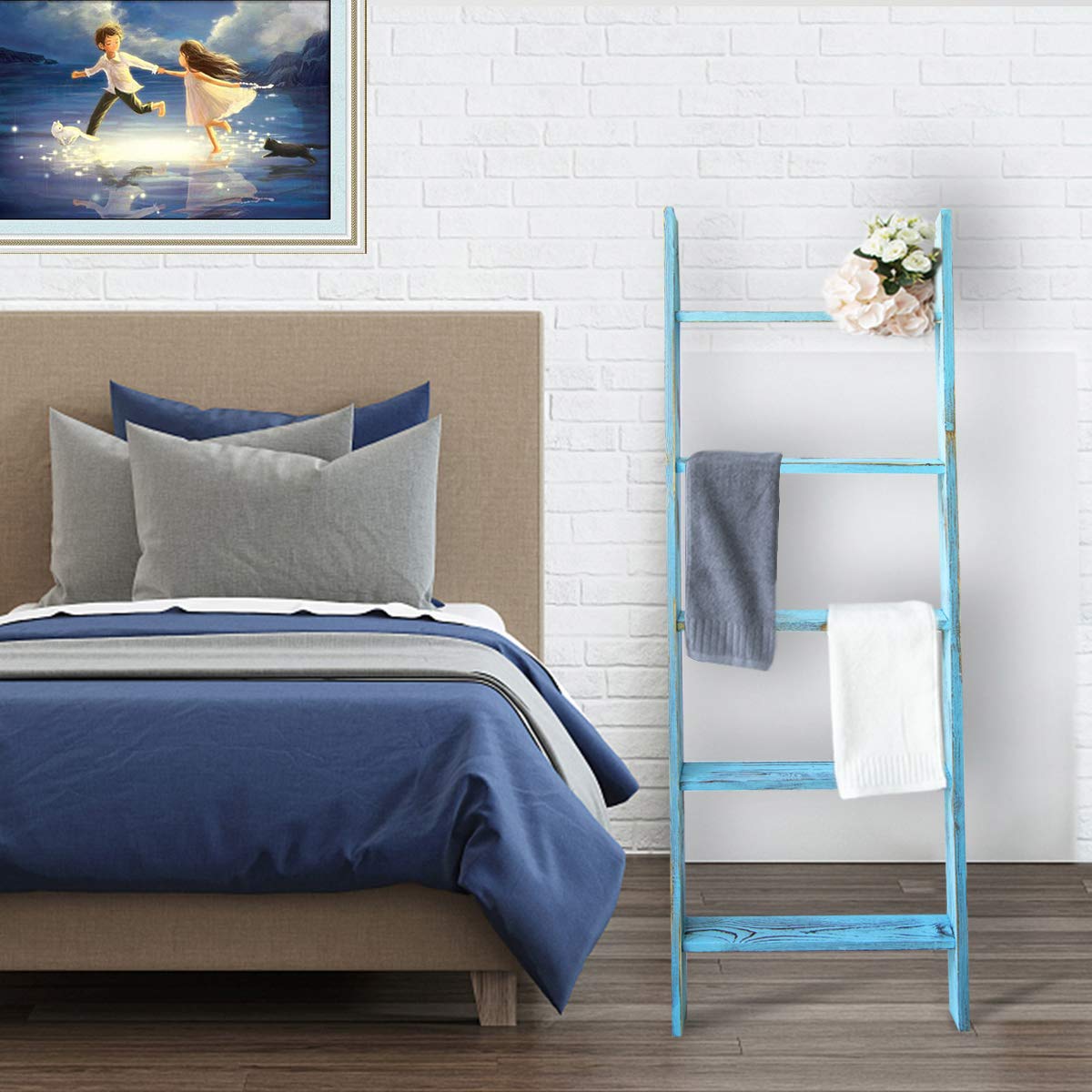 Honest Ladders for Living Room, 5-Tier Blanket Holder, Wall-Leaning Rack, Ladder Shelves, Wooden Quilt Ladder, Farmhouse Decor, Blue