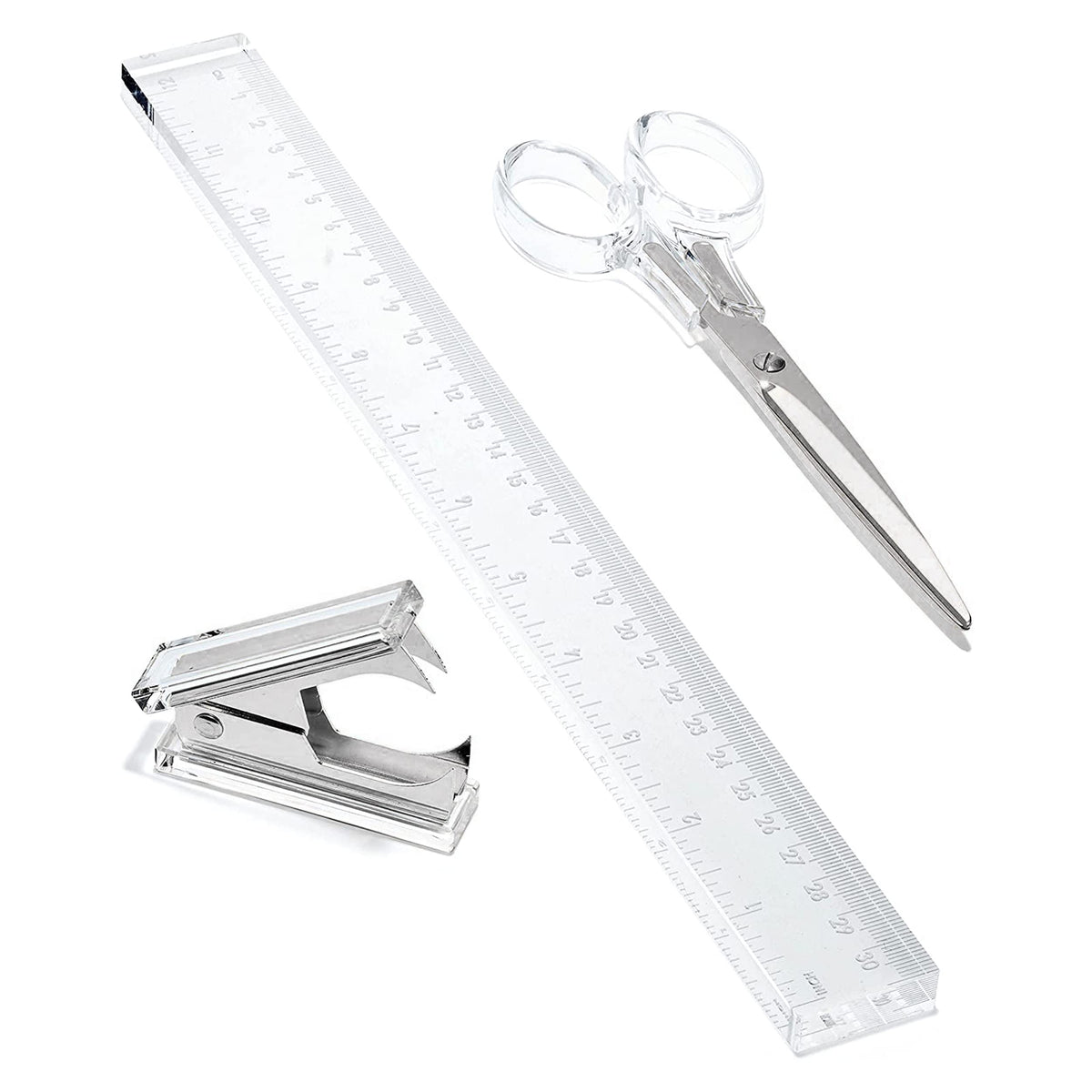 OfficeGoods 3 Piece Acrylic Desk Set - Includes Ruler, Staple Remover, Scissors - Functional & Elegant Desk Accessories - Stationary Tools for Home, Office, and School - Silver