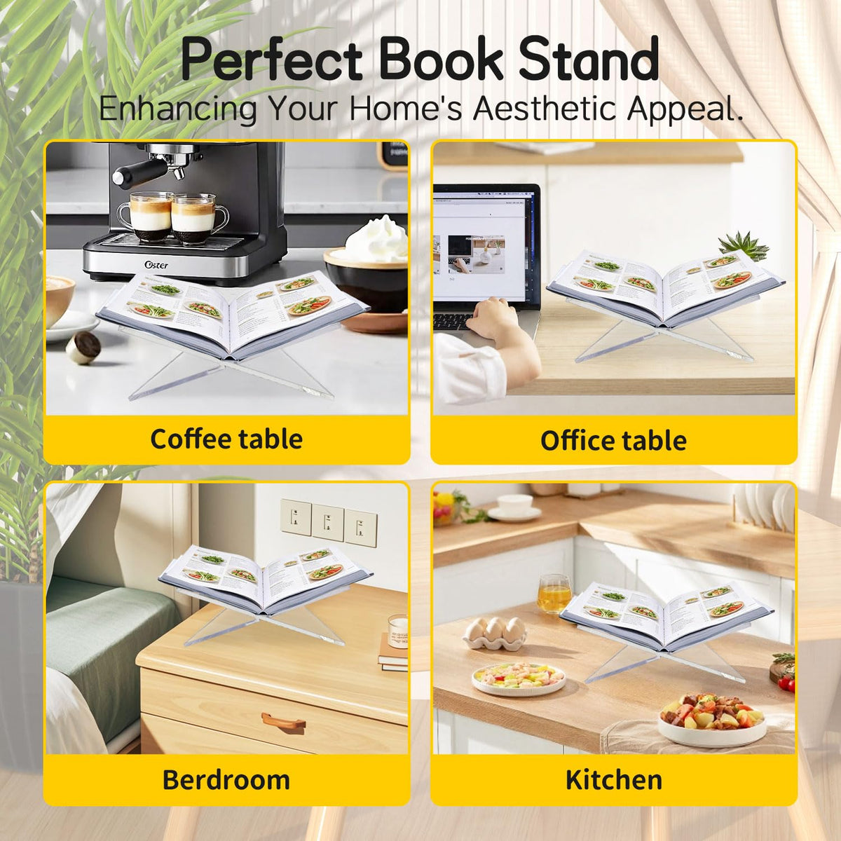 Clear Acrylic Book Stand, 12.5" x 9.5" x 5.7”, Book Holder & Display Stand for Cookbooks, Bibles, Art Books, Recipe Books, Photo Albums, Desk Reading & Coffee Table Décor