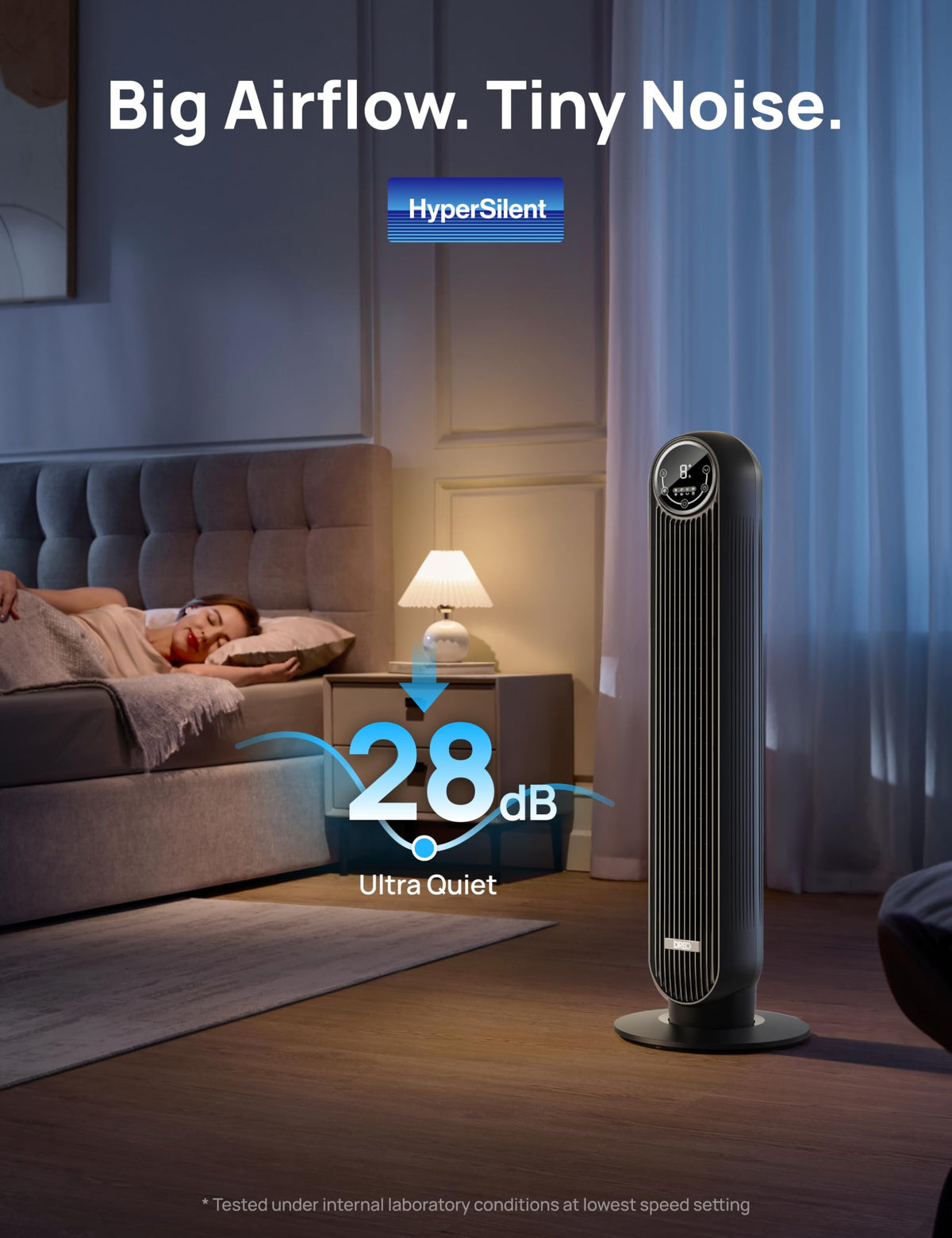 DREO Tower Fan for Bedroom, 2026 Upgraded DC Motor, 28ft/s High Velocity, 20dB Ultra Quiet Standing Fan, 8 Speeds 4 Modes, 90° Oscillating Bladeless Fan for Indoors, Floor Fans with Remote, Black